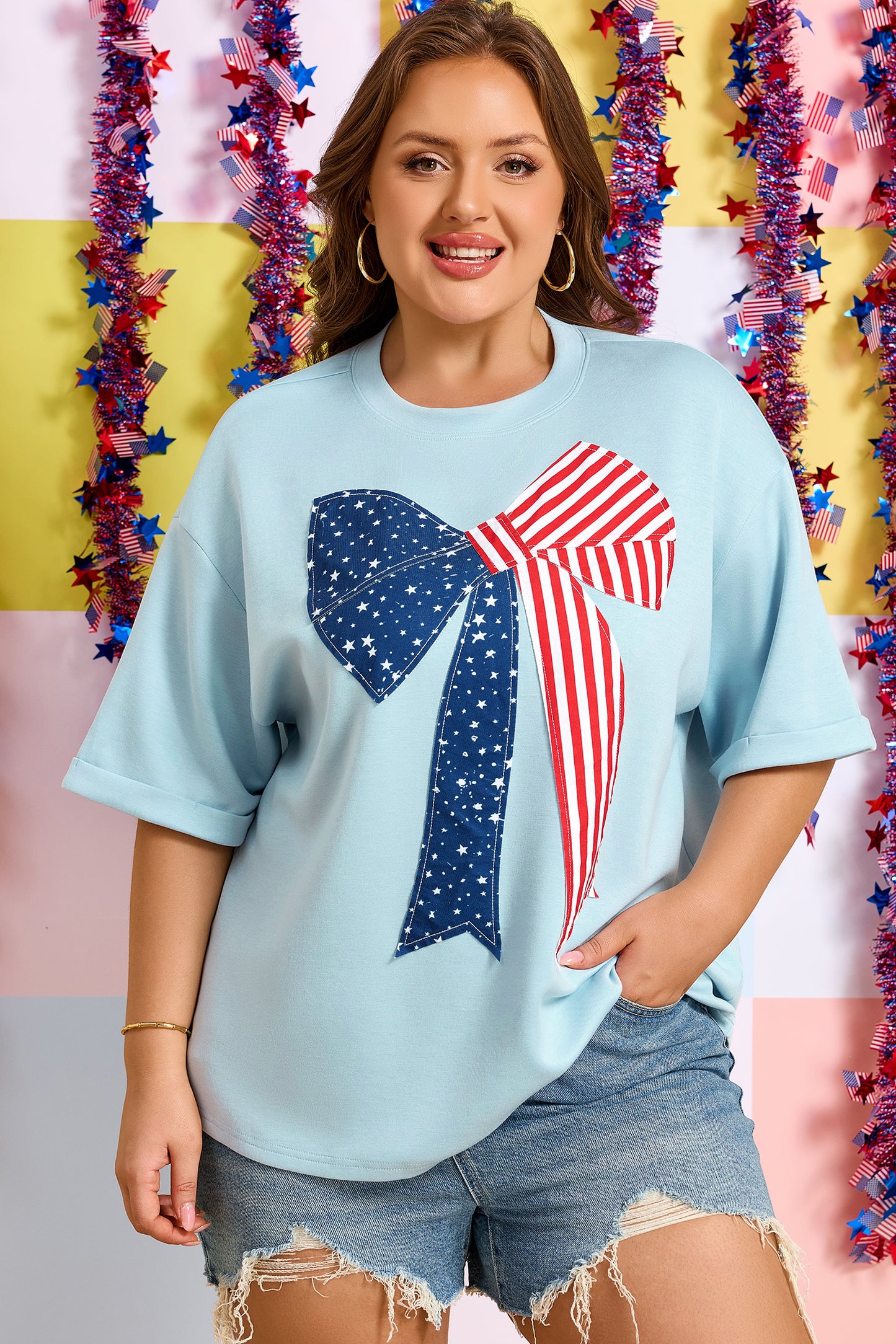 Beau Blue Plus Size Patriotic Bow Patchwork Graphic T-Shirt-Plus Size/Plus Size Tops/Plus Size Tops & Tees-[Adult]-[Female]-2022 Online Blue Zone Planet