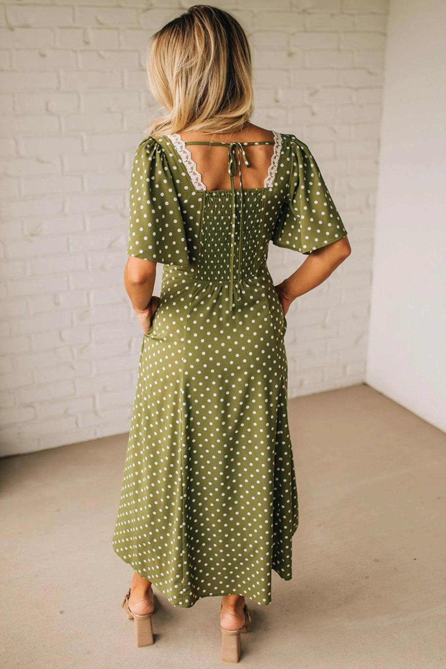 Green Polka Dot Print Lacy Neckline Smocked High Waist Maxi Dress-Dresses/Maxi Dresses-[Adult]-[Female]-2022 Online Blue Zone Planet