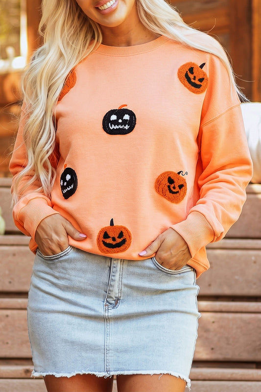 Orange Embroidered Pumpkin Face Drop Shoulder Sweatshirt