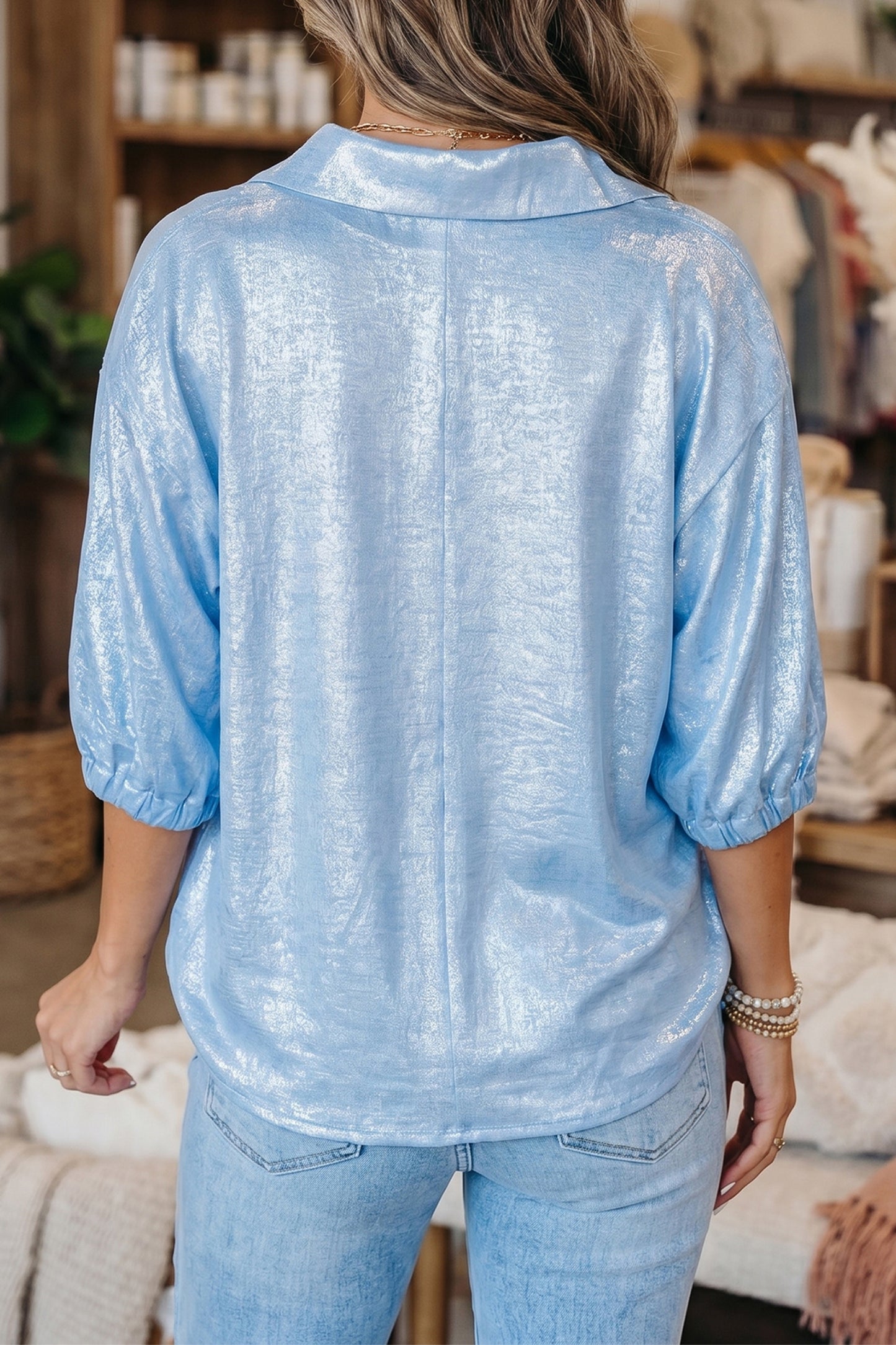 Clearly Aqua Collared V Neck Half Sleeve Metallic Top-Tops/Blouses & Shirts-[Adult]-[Female]-2022 Online Blue Zone Planet