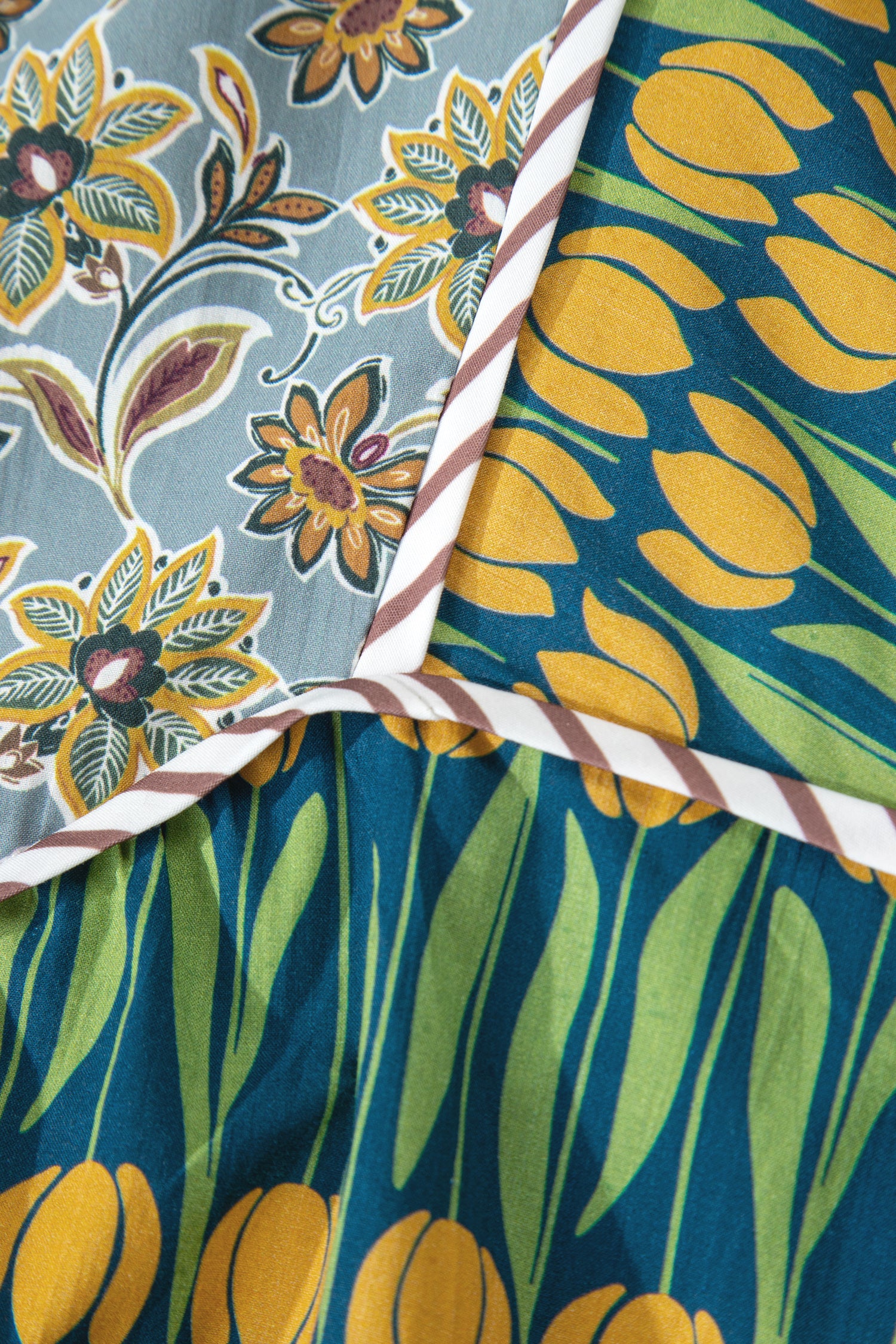 Green Plus Size Mixed Floral Print Striped Trim Loose Mini Dress-TOPS / DRESSES-[Adult]-[Female]-2022 Online Blue Zone Planet