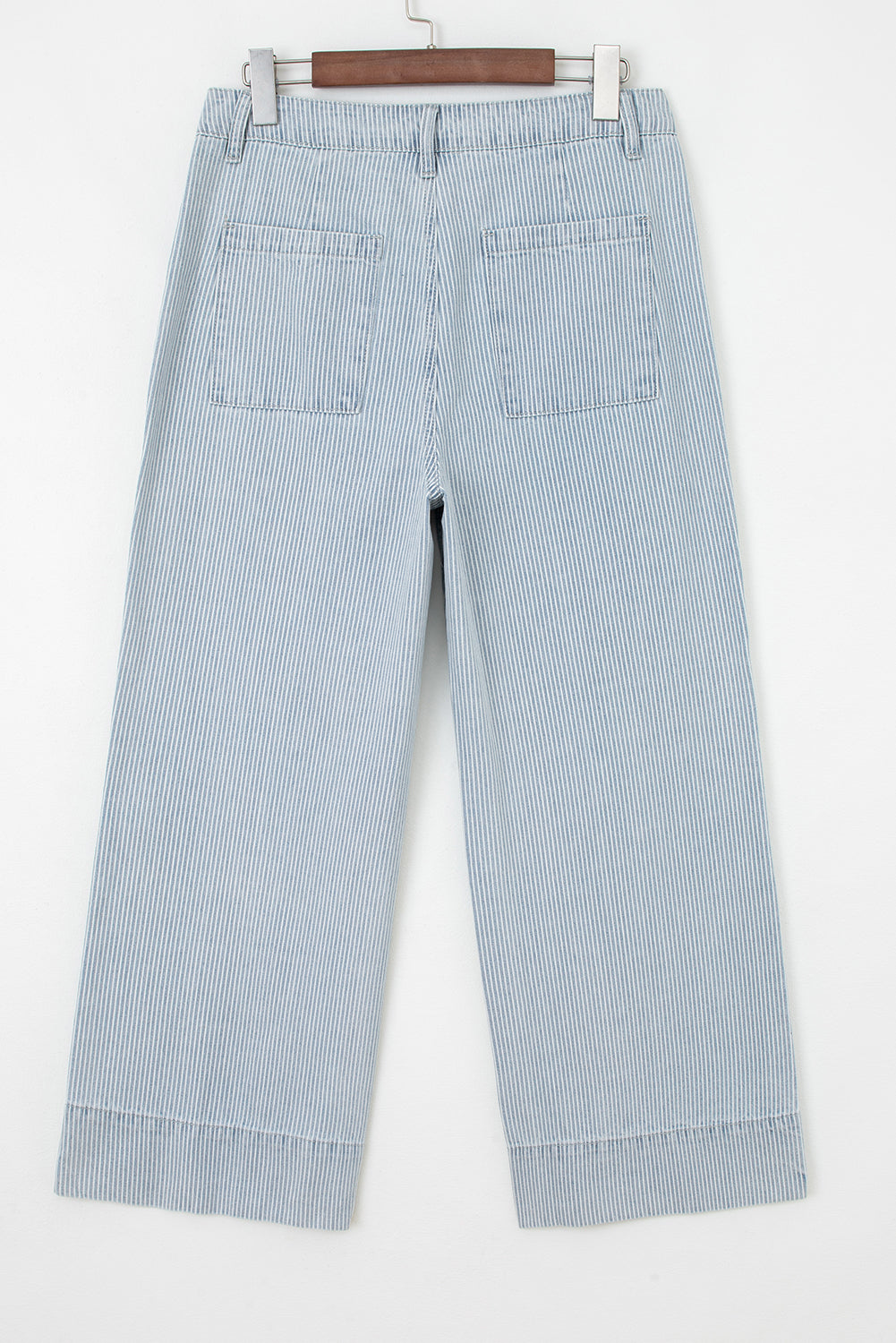 Sky Blue Stripe Button Flap Pocket Cuffed Hem Wide Leg Jeans-Bottoms/Jeans-[Adult]-[Female]-2022 Online Blue Zone Planet