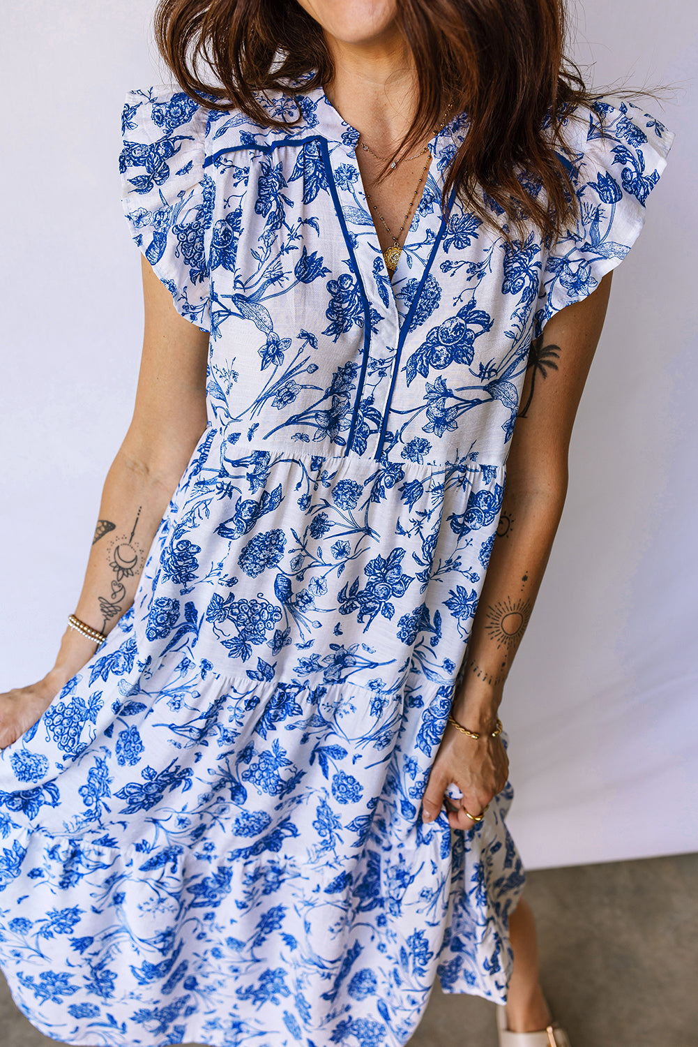 Blue Ruffled Short Sleeve Tiered Floral Midi Dress-Dresses/Floral Dresses-[Adult]-[Female]-2022 Online Blue Zone Planet