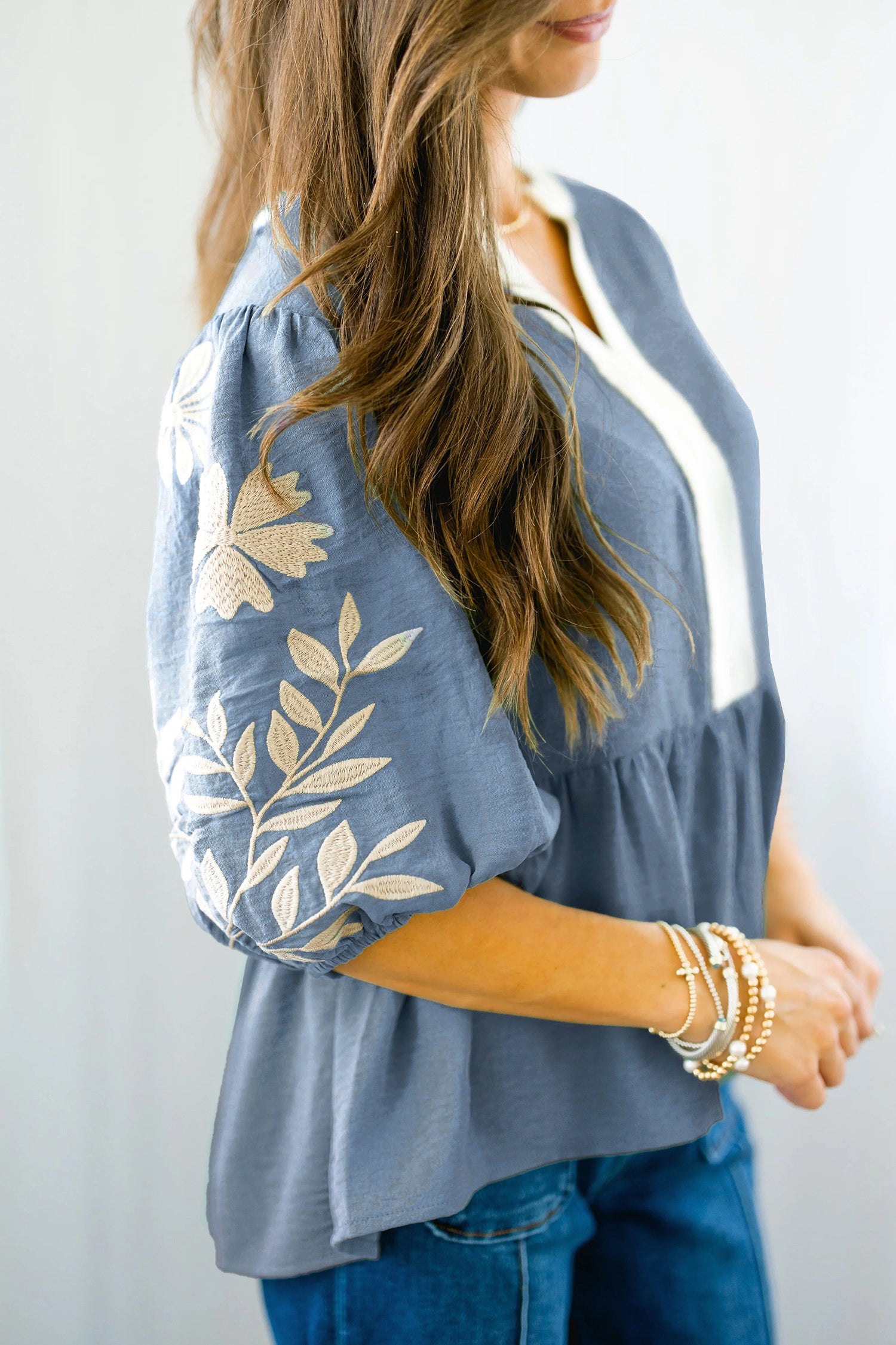 Myosotis Color Block Patchwork V Neck Embroidered Puff Sleeve Babydoll Blouse-Tops/Blouses & Shirts-[Adult]-[Female]-2022 Online Blue Zone Planet