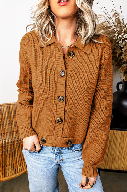 Mustard Ribbed Knit Collar Button Front Long Sleeve Cardigan-Sweaters & Cardigans/Cardigans-[Adult]-[Female]-Mustard-S-2022 Online Blue Zone Planet