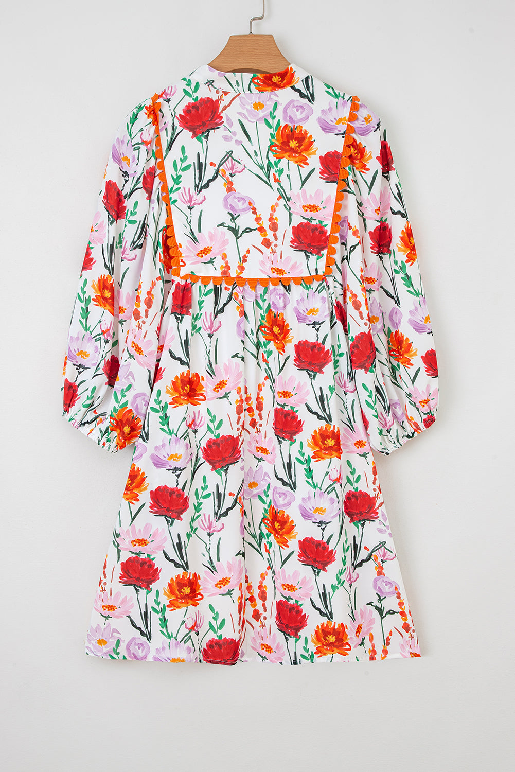 Beige Floral Print 3/4 Puff Sleeve Ricrac Trim Mini Dress-TOPS / DRESSES-[Adult]-[Female]-2022 Online Blue Zone Planet