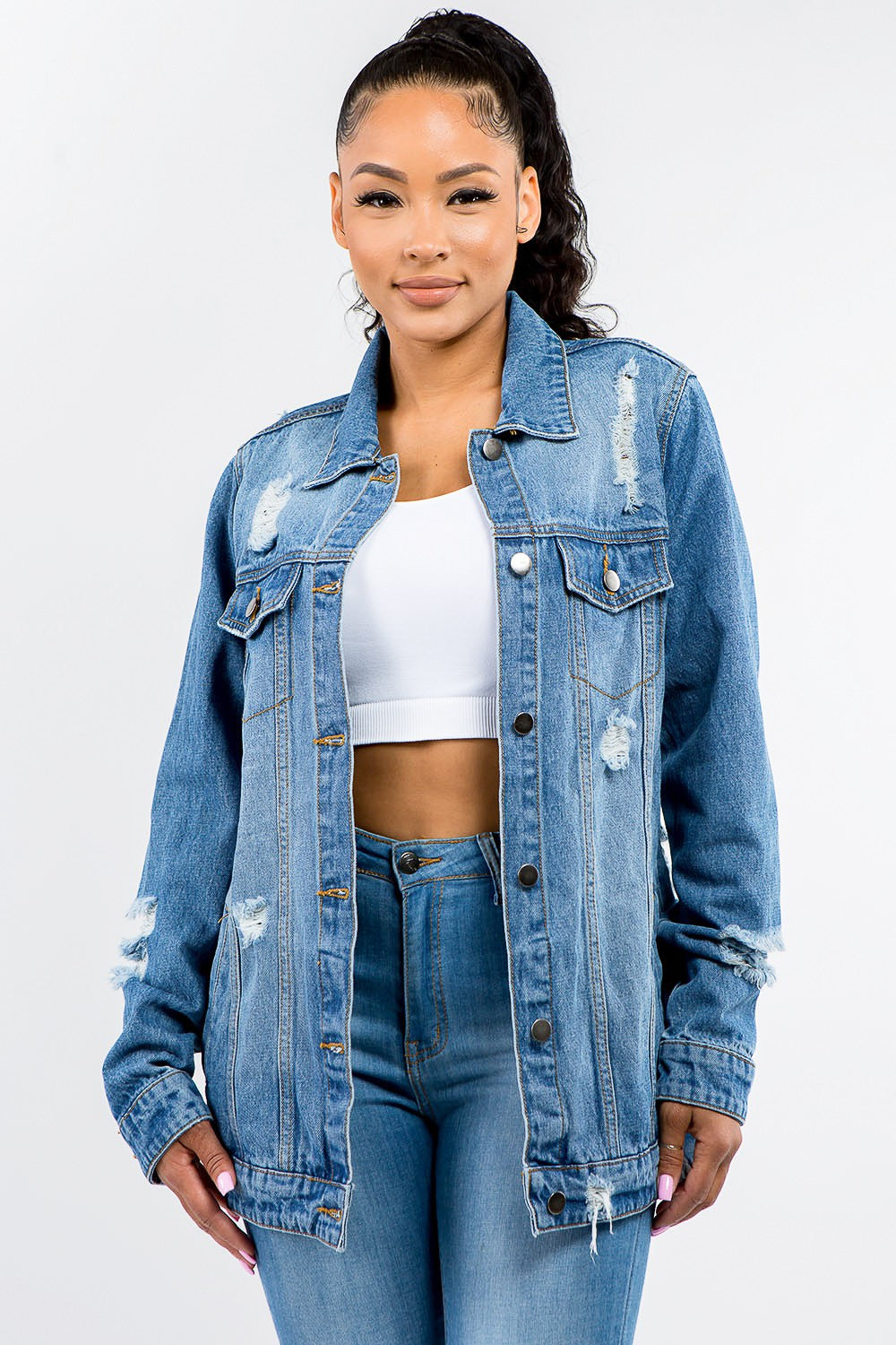 American Bazi Full Size Button Up Distressed Denim Jacket-TOPS / DRESSES-[Adult]-[Female]-Blue-S-2022 Online Blue Zone Planet