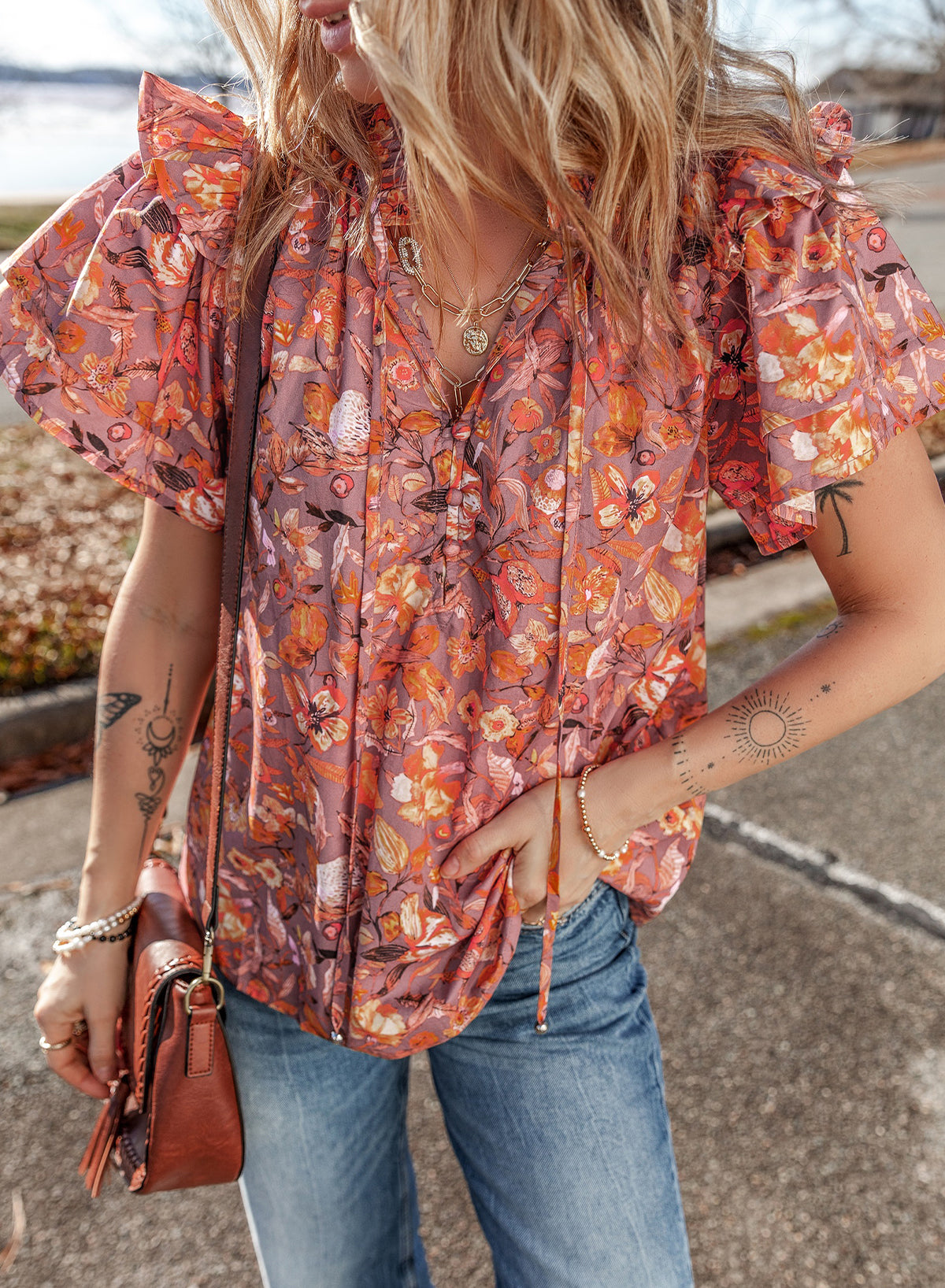 Orange Floral Print Ruffled Flutter Sleeve Frilled V Neck Blouse-Tops/Blouses & Shirts-[Adult]-[Female]-2022 Online Blue Zone Planet