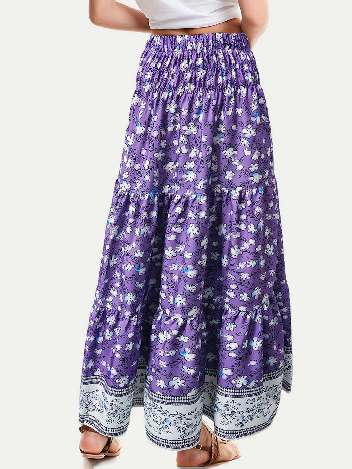 Full Size Tiered Printed Elastic Waist Skirt-BOTTOMS SIZES SMALL MEDIUM LARGE-[Adult]-[Female]-2022 Online Blue Zone Planet