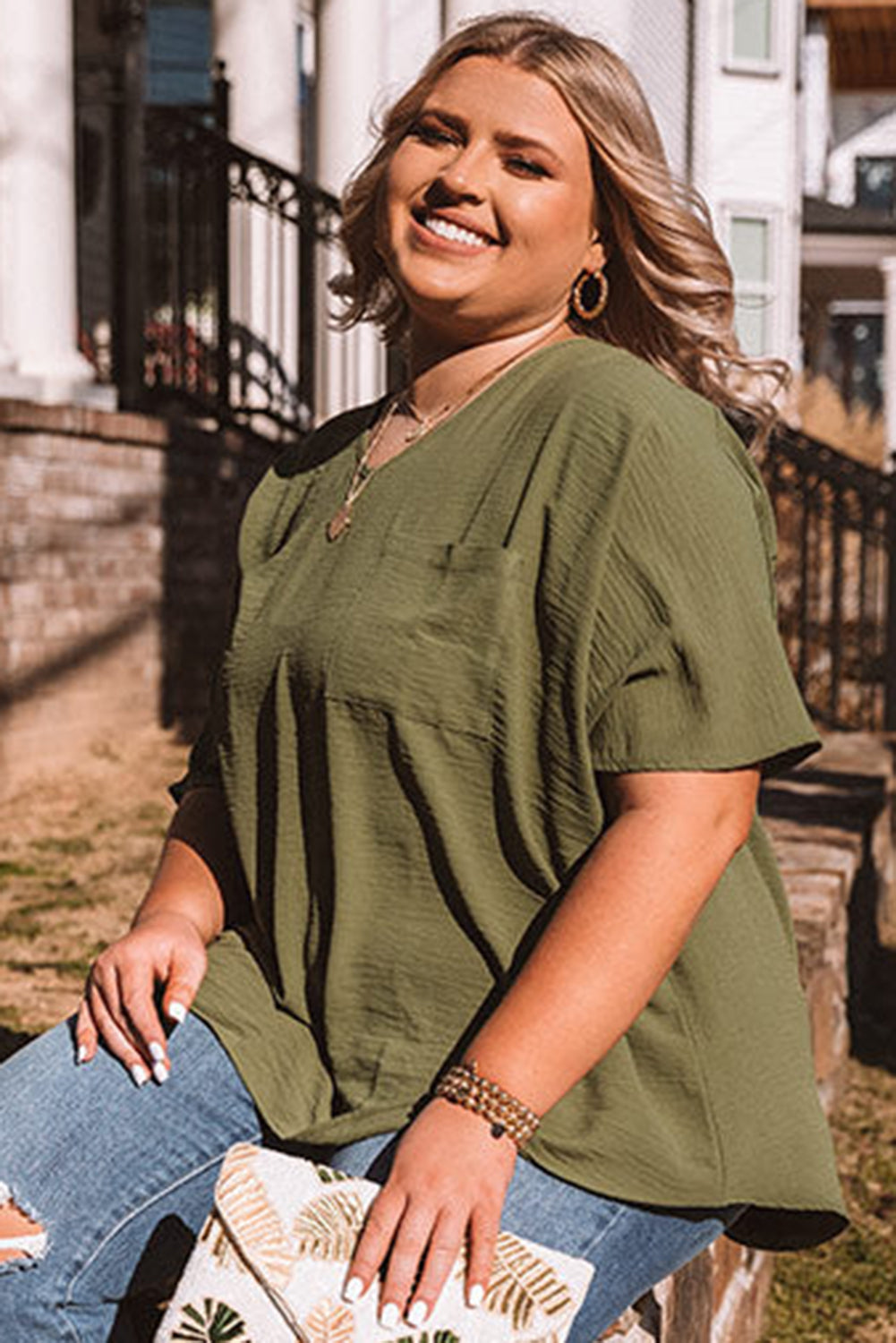 Four Leaf Clover Textured Half Sleeve V Neck Plus Size T Shirt with Chest Pocket-Plus Size/Plus Size Tops/Plus Size Tops & Tees-[Adult]-[Female]-2022 Online Blue Zone Planet