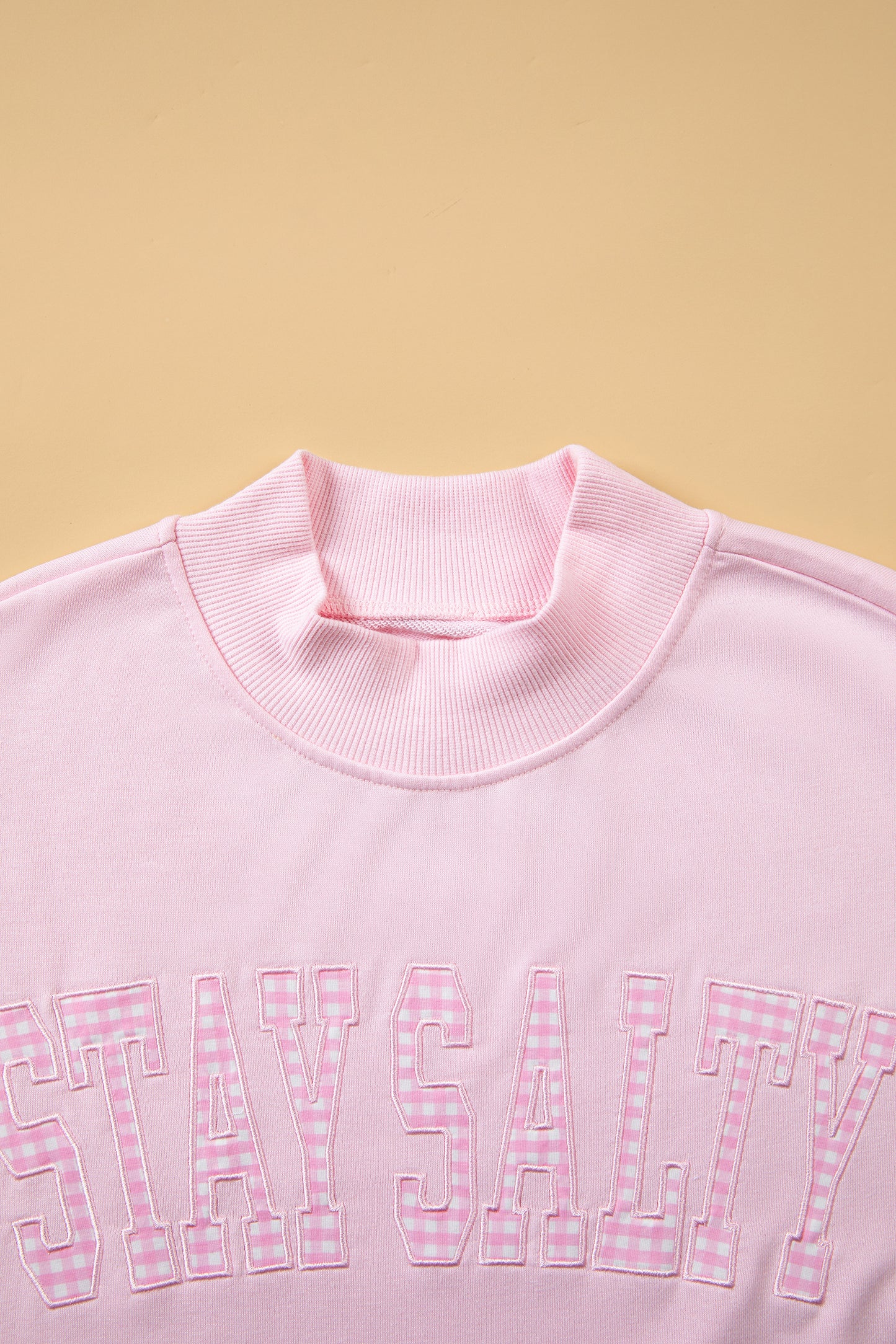 Pink Stay Salty Embroidered Long Sleeve Stand Neck Shift Pullover Sweatshirt-Tops/Sweatshirts & Hoodies-[Adult]-[Female]-2022 Online Blue Zone Planet
