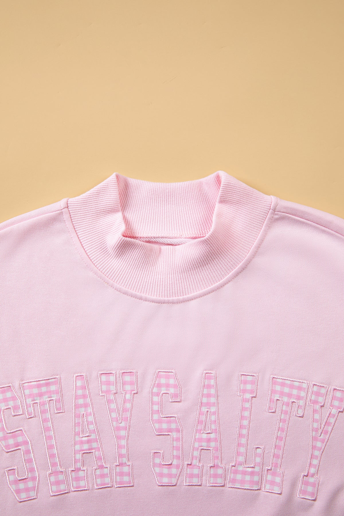 Pink Stay Salty Embroidered Long Sleeve Stand Neck Shift Pullover Sweatshirt-Tops/Sweatshirts & Hoodies-[Adult]-[Female]-2022 Online Blue Zone Planet