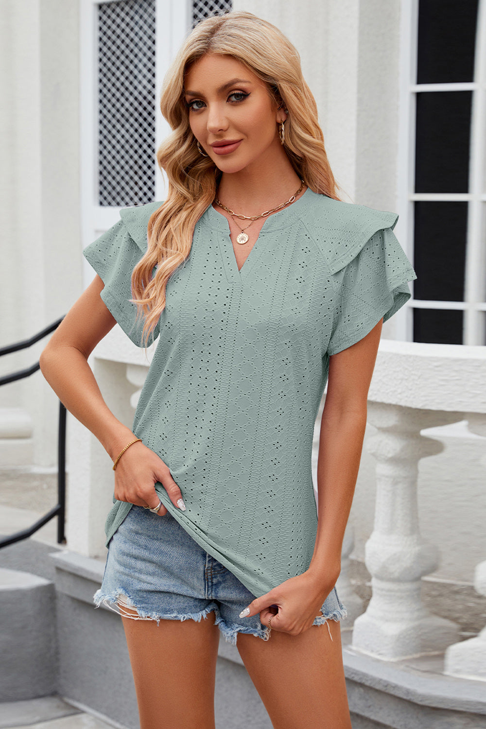 Eyelet Notched Short Sleeve T-Shirt-TOPS / DRESSES-[Adult]-[Female]-Light Green-S-2022 Online Blue Zone Planet