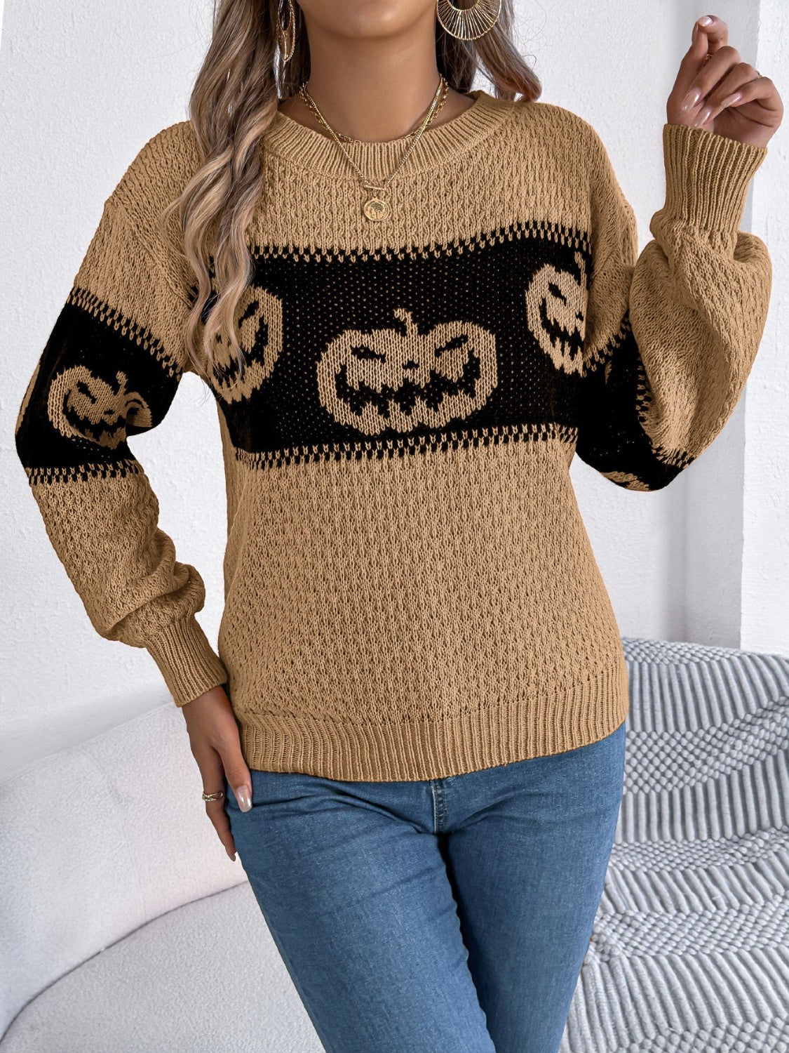 Pumpkin Round Neck Long Sleeve Sweater-TOPS / DRESSES-[Adult]-[Female]-2022 Online Blue Zone Planet