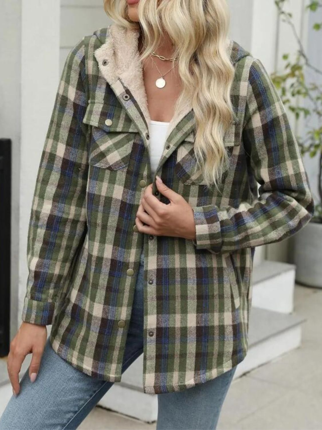 Plaid Snap Down Plush Hooded Jacket-TOPS / DRESSES-[Adult]-[Female]-Moss-S-2022 Online Blue Zone Planet