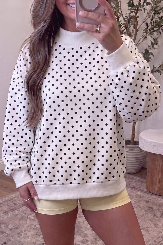 White Casual Polka Dot Mock Neck Sweatshirt-Tops/Sweatshirts & Hoodies-[Adult]-[Female]-White-S-2022 Online Blue Zone Planet