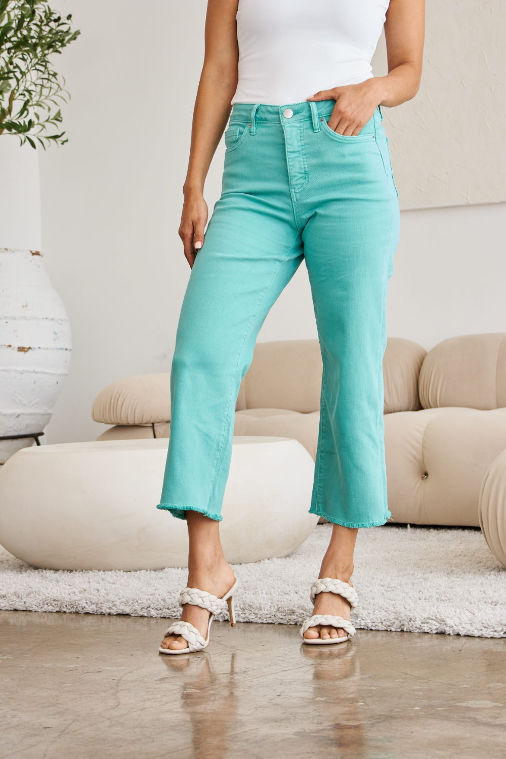 RFM Crop Chloe Full Size Tummy Control High Waist Raw Hem Jeans-BOTTOM SIZES SMALL MEDIUM LARGE-[Adult]-[Female]-2022 Online Blue Zone Planet