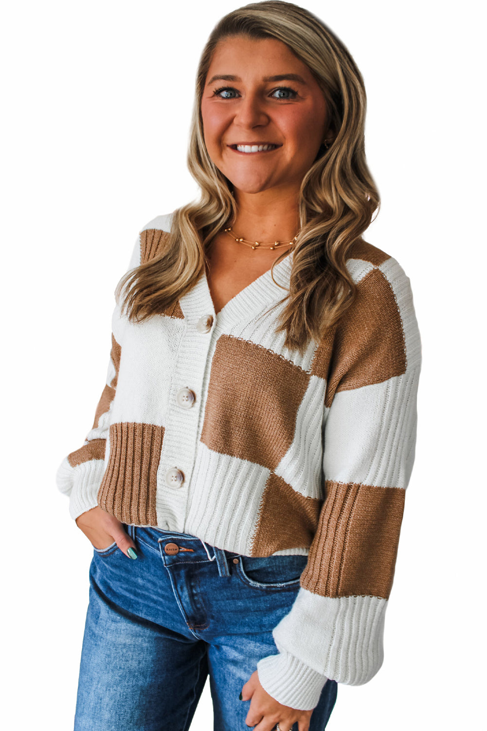 Khaki Checkered Pattern Ribbed Detail Button V Neck Sweater Cardigan-TOPS / DRESSES-[Adult]-[Female]-2022 Online Blue Zone Planet