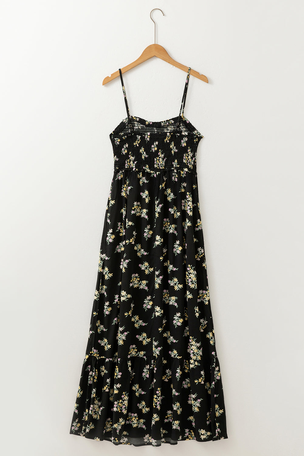 Black Floral Spaghetti Strap Shirred Bodice Tied Empire Waist Maxi Dress-TOPS / DRESSES-[Adult]-[Female]-2022 Online Blue Zone Planet