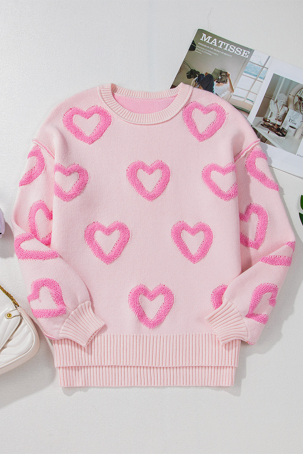 Blue Zone Planet | Pink Heart Shape Bubble Sleeve Baggy Sweater-Sweaters-[Adult]-[Female]-2022 Online Blue Zone Planet