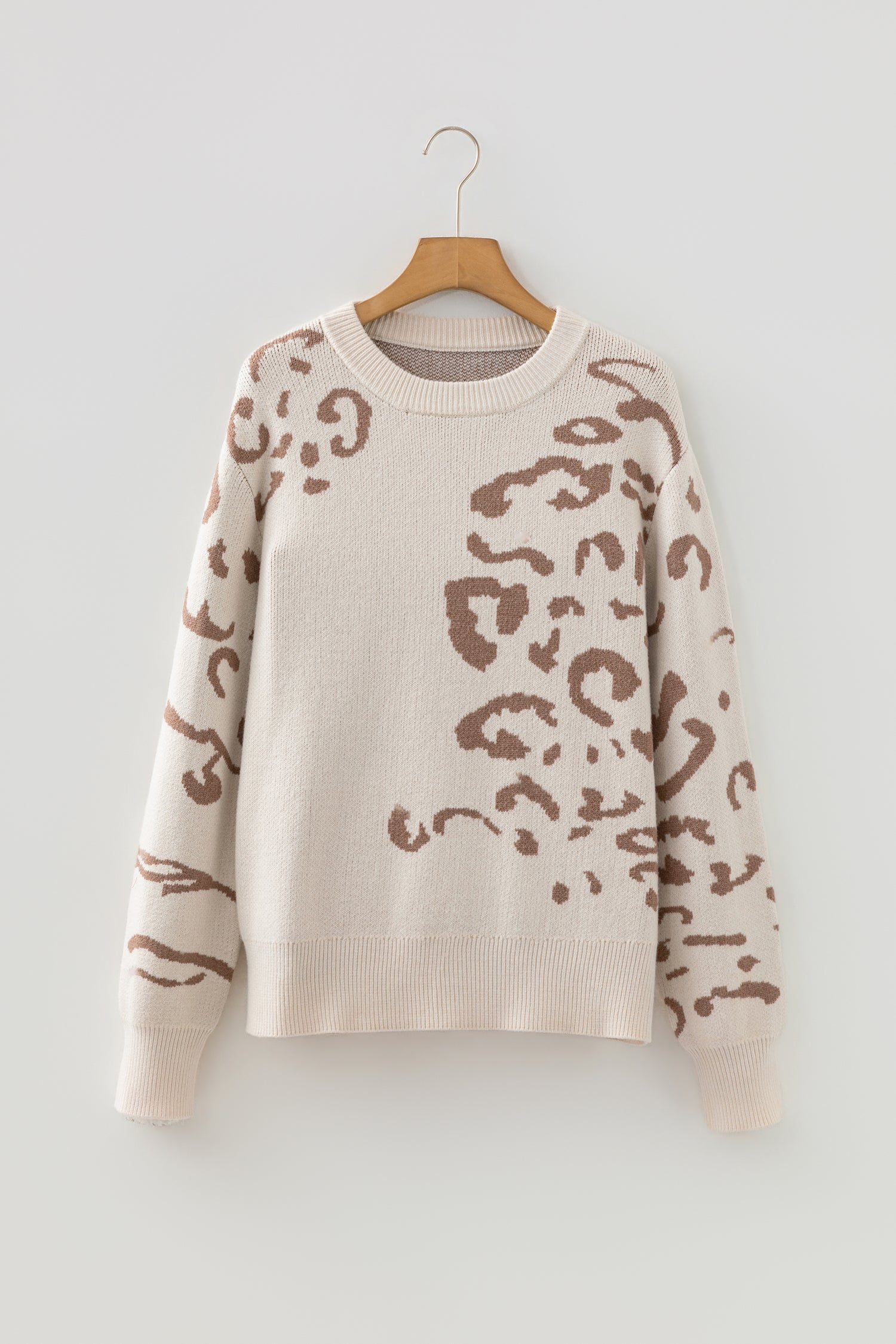 Beige Asymmetric Leopard Print Detail Drop Shoulder Sweater-TOPS / DRESSES-[Adult]-[Female]-2022 Online Blue Zone Planet