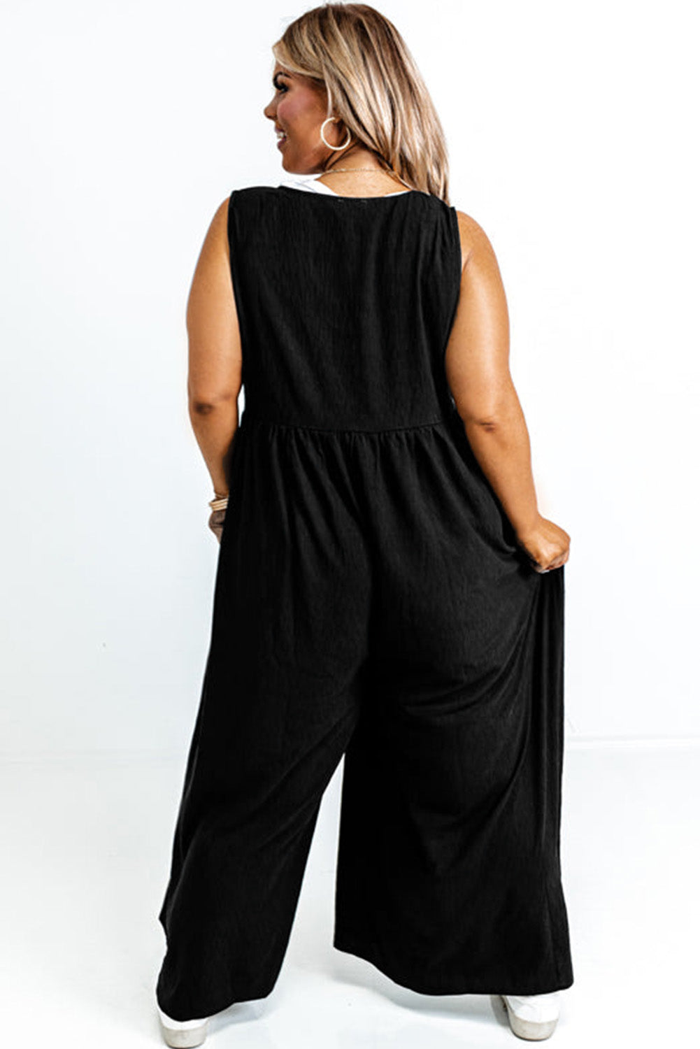 Black Plus Size Sleeveless Button Front Loose Jumpsuit-Plus Size/Plus Size Bottoms-[Adult]-[Female]-2022 Online Blue Zone Planet