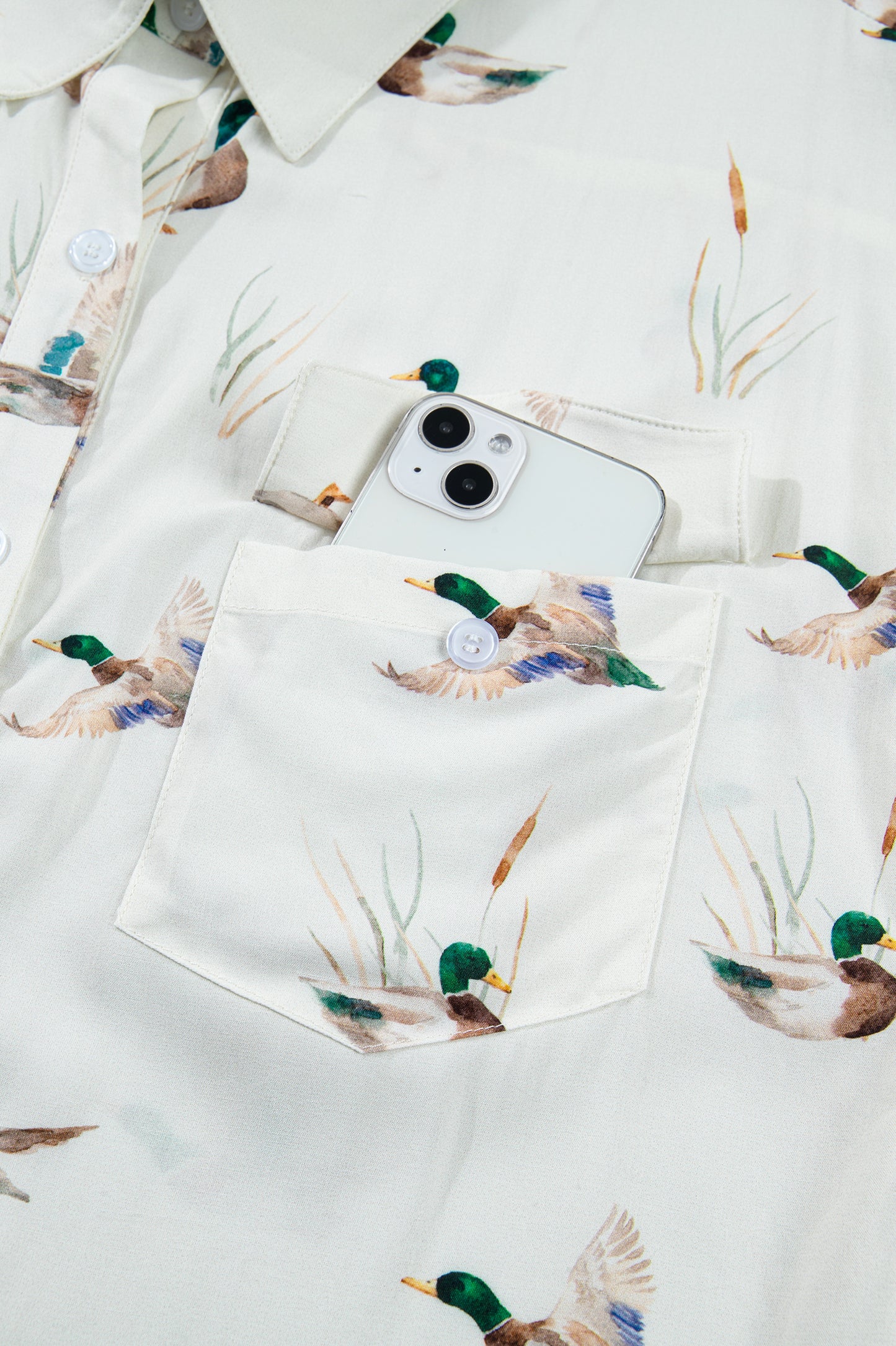 White Mallard Printed Button Flap Pocket Short Sleeve Shirt-Tops/Blouses & Shirts-[Adult]-[Female]-2022 Online Blue Zone Planet