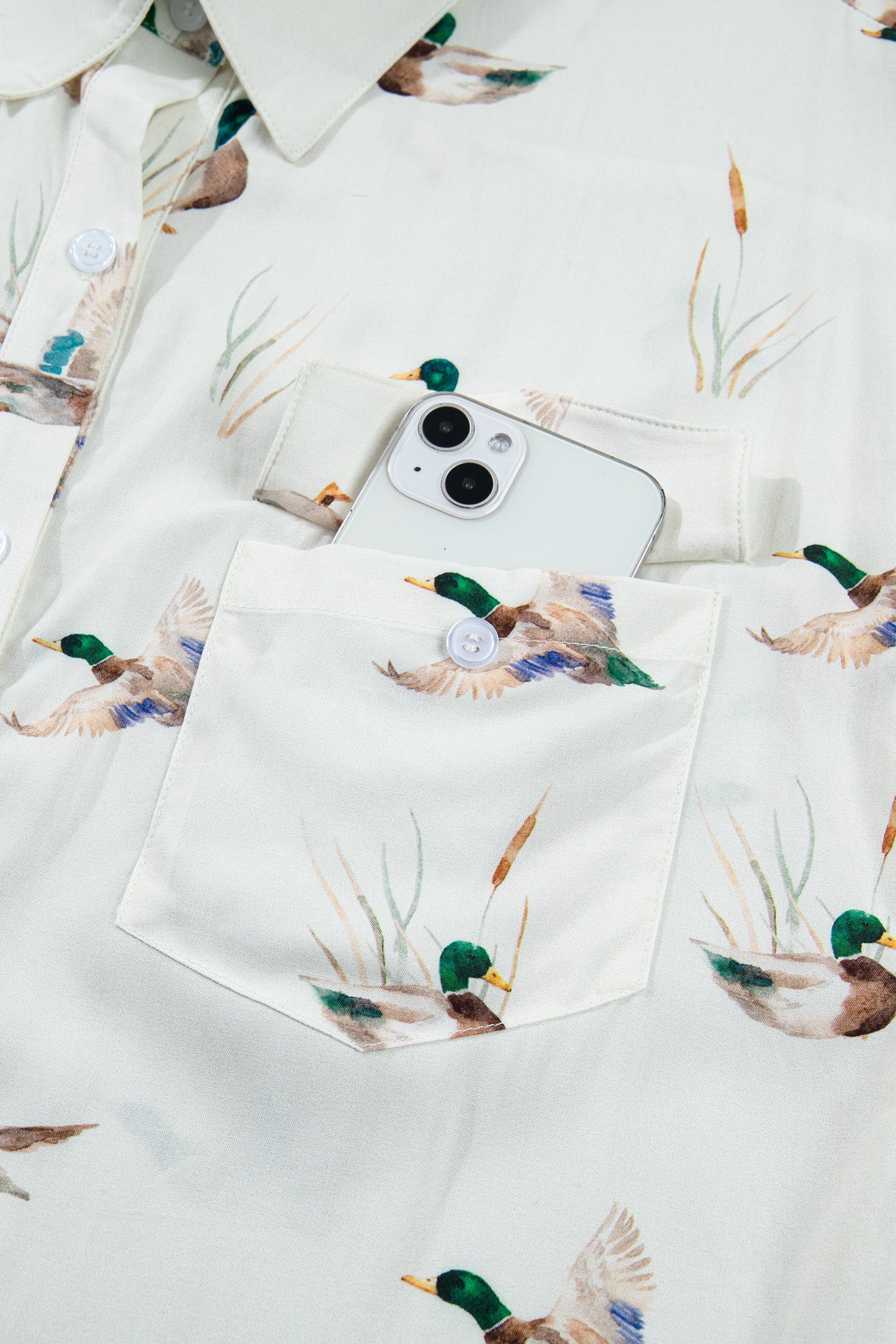 White Mallard Printed Button Flap Pocket Short Sleeve Shirt-Tops/Blouses & Shirts-[Adult]-[Female]-2022 Online Blue Zone Planet