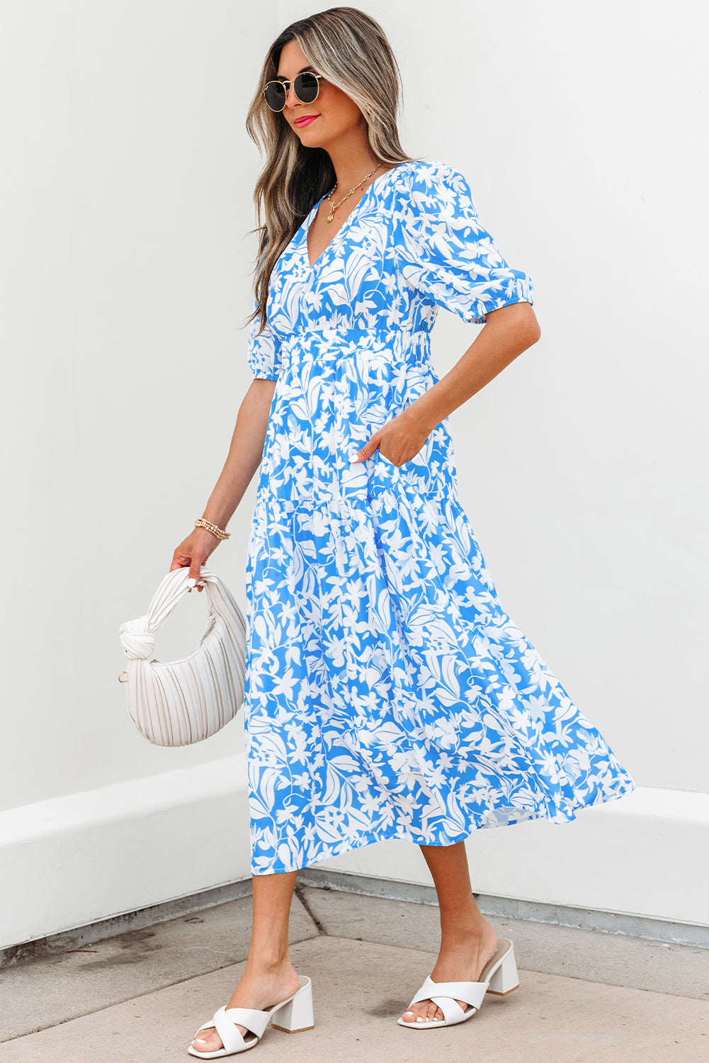 Sky Blue Floral V Neck Puff Short Sleeve Flowy Long Dress-TOPS / DRESSES-[Adult]-[Female]-2022 Online Blue Zone Planet