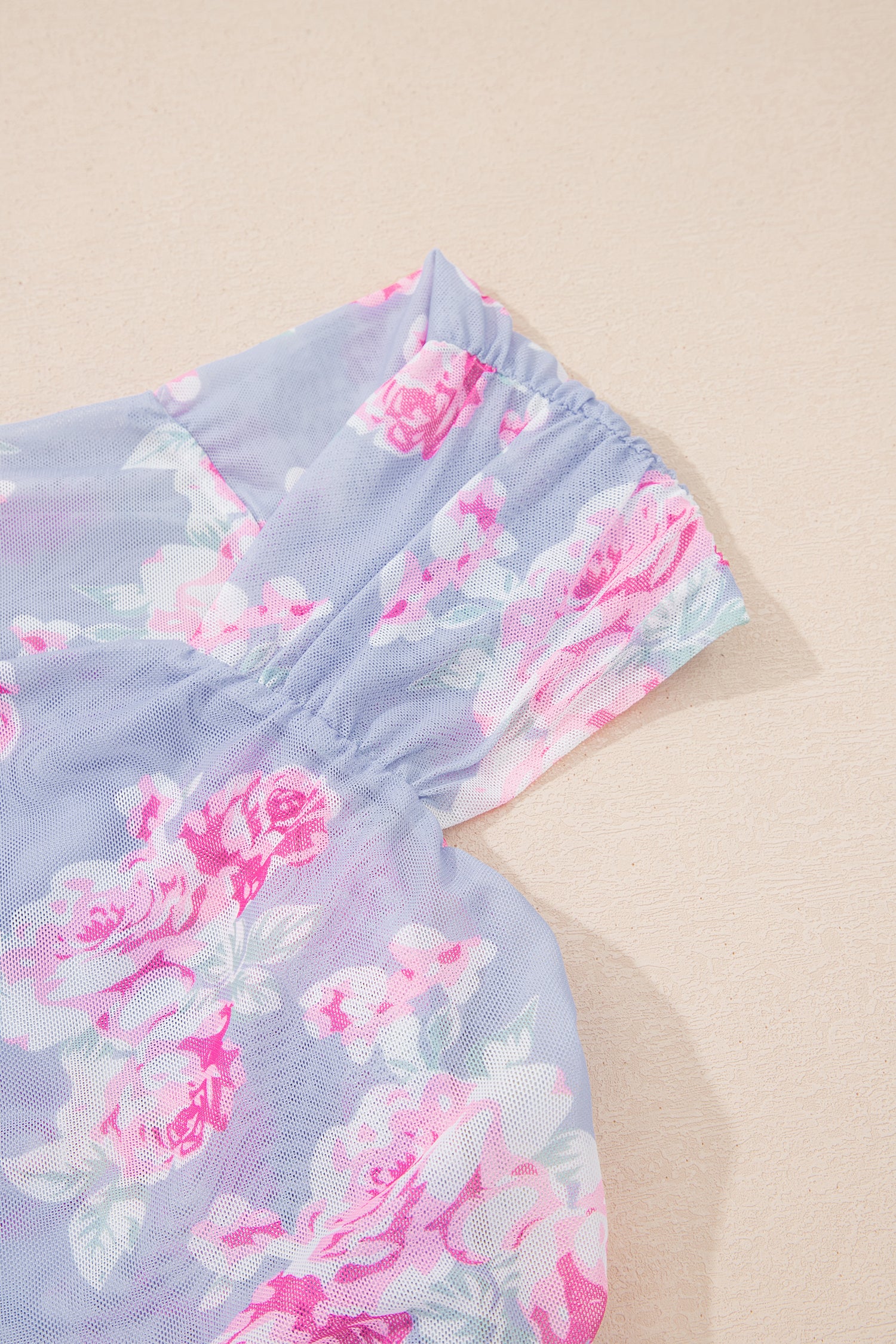 Sky Blue Square Neck Cap Sleeve Ruched Floral Mesh Top-Tops/Tops & Tees-[Adult]-[Female]-2022 Online Blue Zone Planet