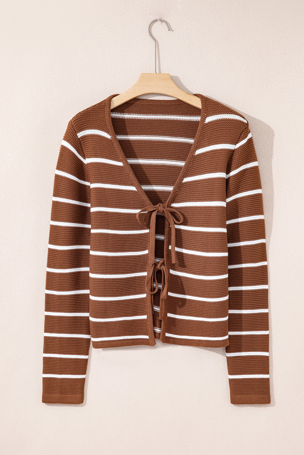 Chestnut Tie Front Striped Knit V Neck Cardigan Sweater-Sweaters & Cardigans/Cardigans-[Adult]-[Female]-2022 Online Blue Zone Planet
