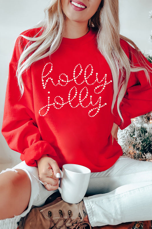 Blue Zone Planet | Red Christmas holly jolly Ceramic Rhinestone Letter Graphic Sweatshirt-Graphic/Graphic Sweatshirts-[Adult]-[Female]-Red-S-2022 Online Blue Zone Planet