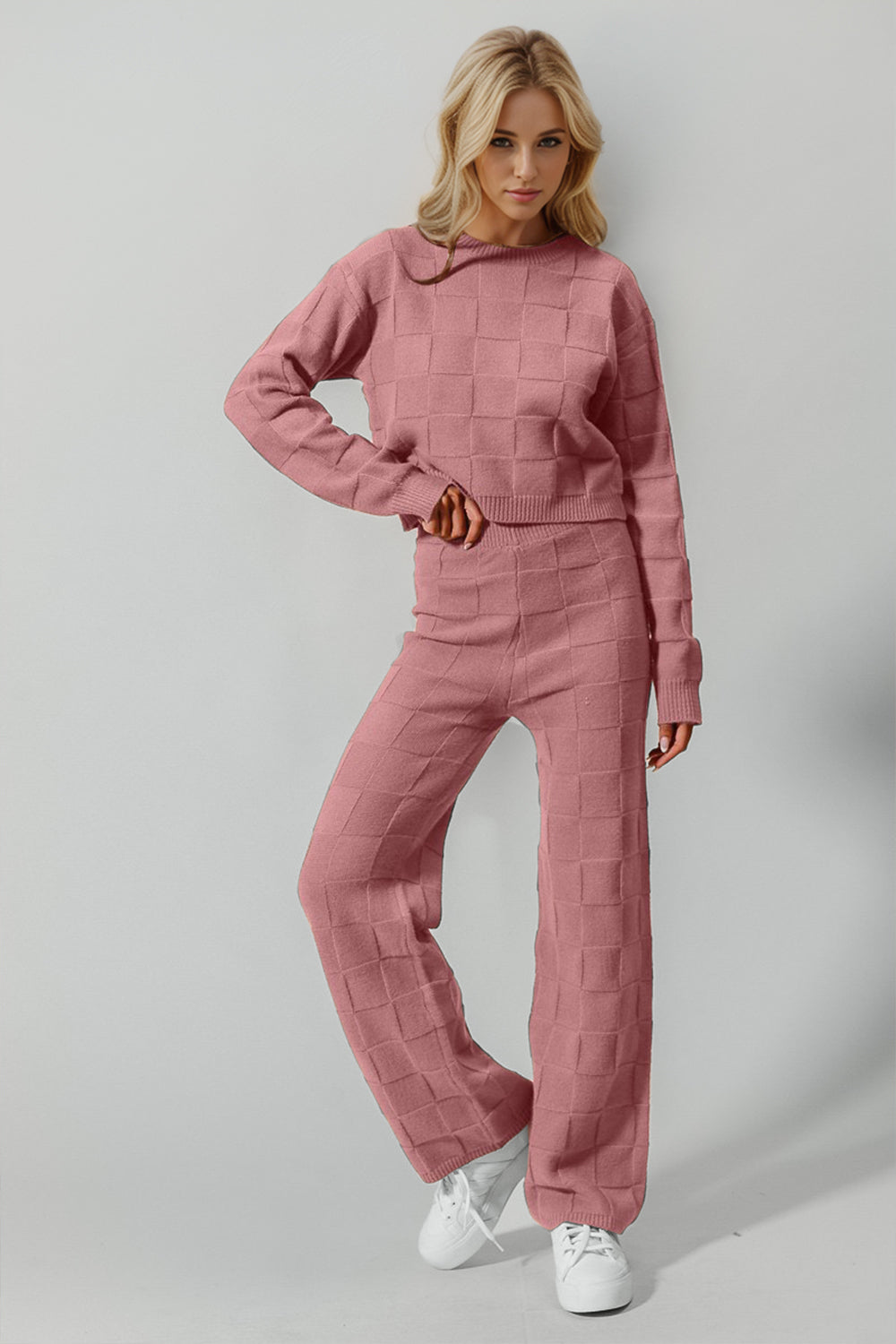 Blue Zone Planet | Double Take Full Size Checkered Round Neck Top and Pants Set-TOPS / DRESSES-[Adult]-[Female]-Pink-S/M-2022 Online Blue Zone Planet