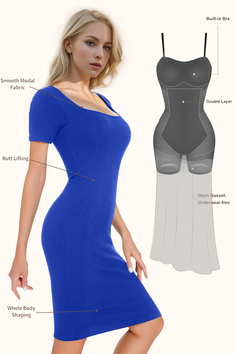 Basic Bae Full Size Built-In Shapewear Square Neck Short Sleeve Dress-TOPS / DRESSES-[Adult]-[Female]-Royal Blue-S-2022 Online Blue Zone Planet