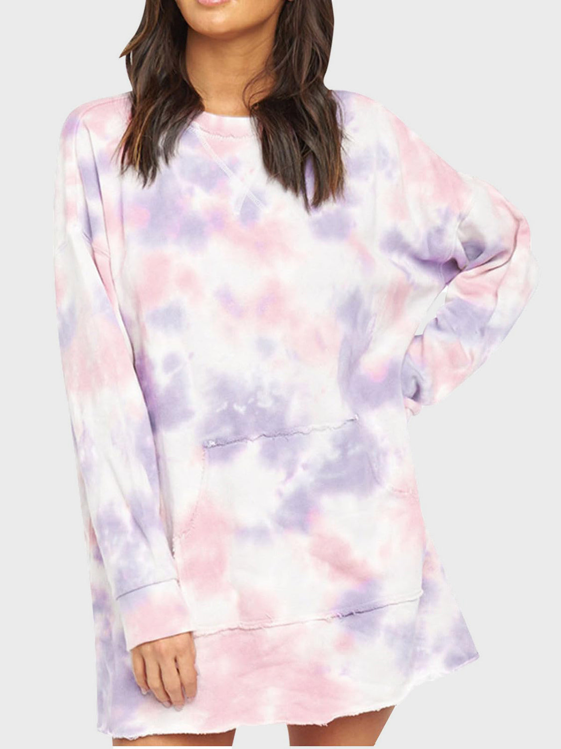 Pocketed Tie-Dye Round Neck Long Sleeve Dress-TOPS / DRESSES-[Adult]-[Female]-Blush Pink-S-2022 Online Blue Zone Planet