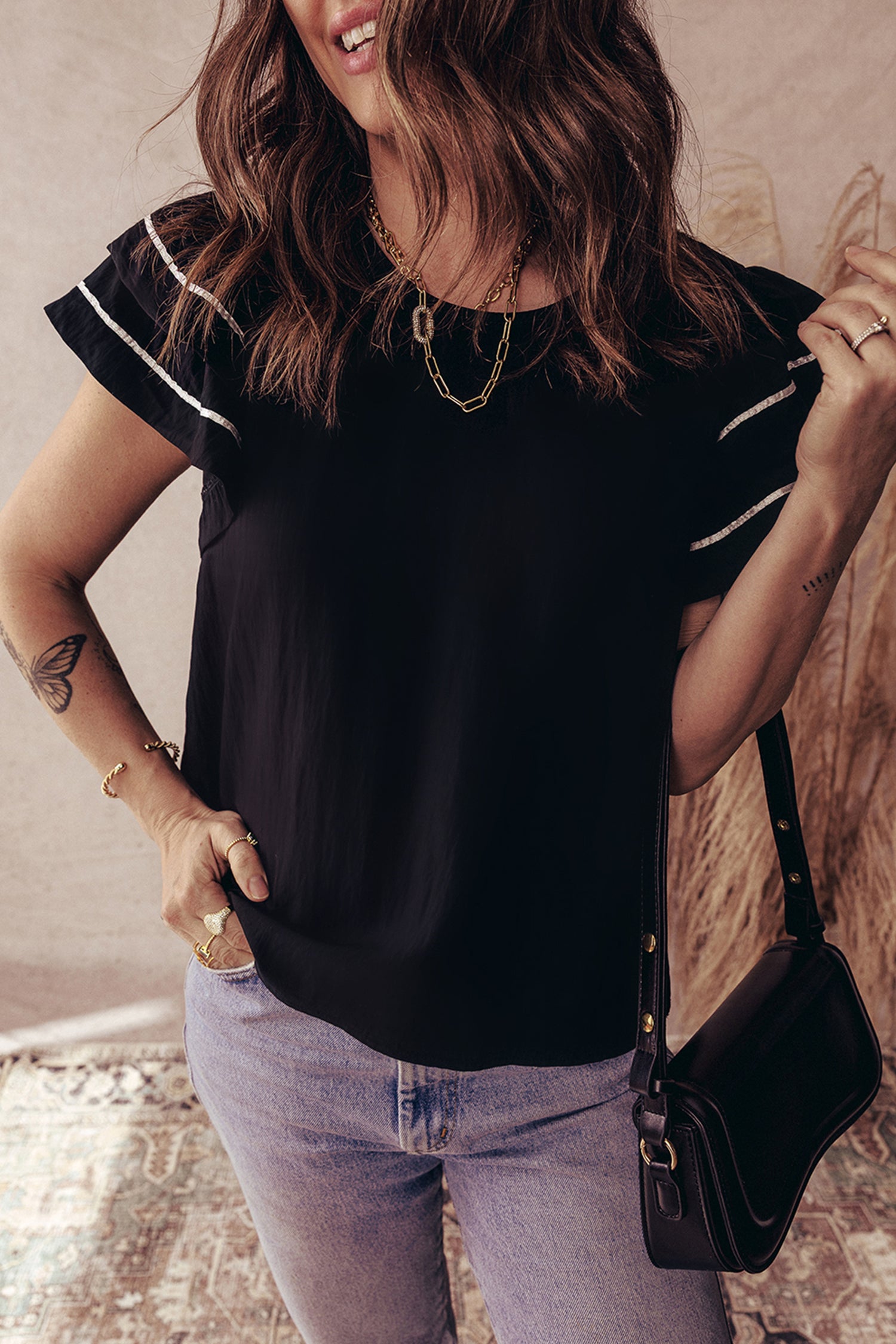 Black Contrast Trim Dual Ruffle Short Sleeve Textured Blouse-Tops/Blouses & Shirts-[Adult]-[Female]-2022 Online Blue Zone Planet