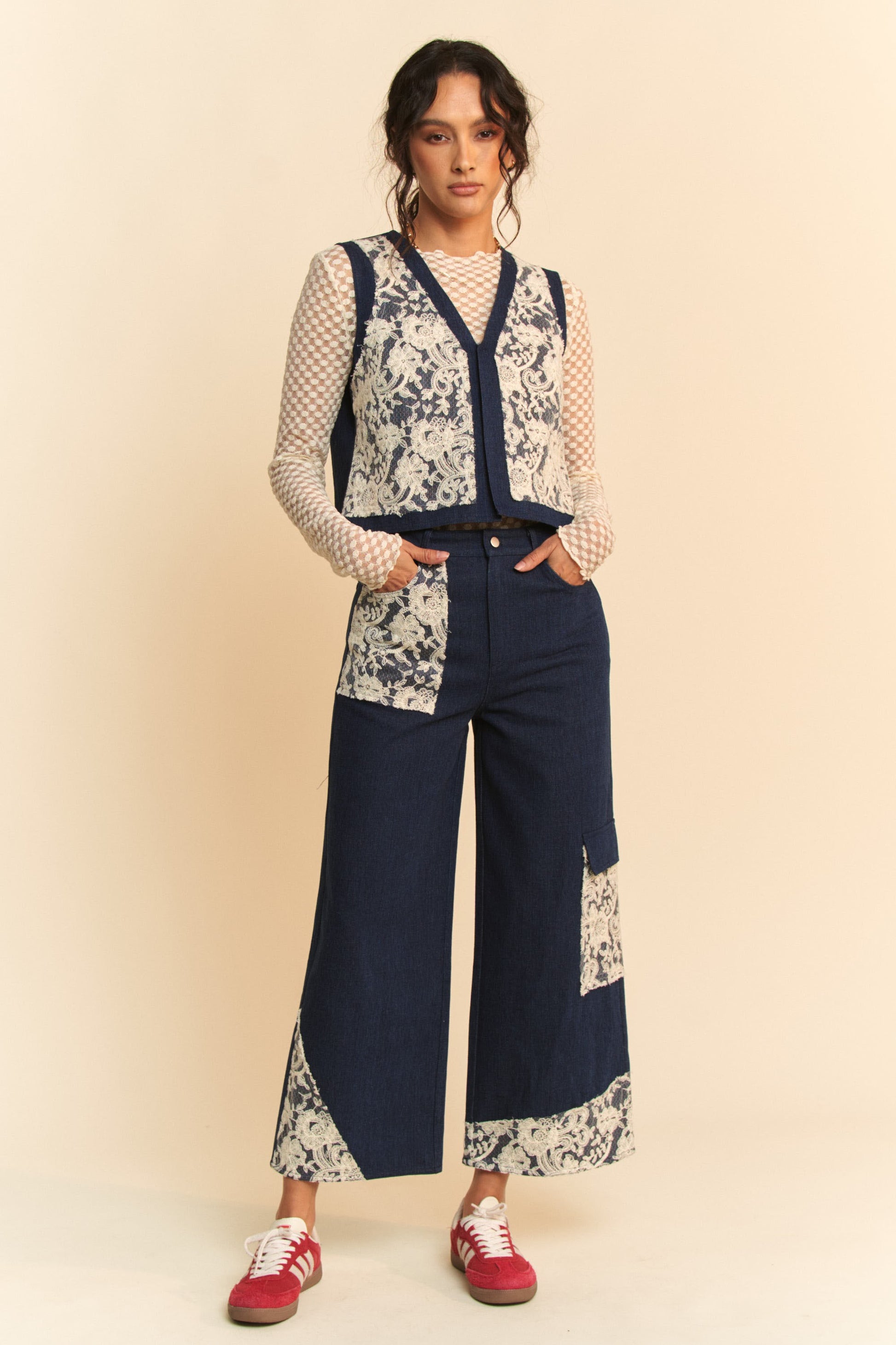 Davi & Dani Lace Applique Wide Leg Jeans-BOTTOMS-[Adult]-[Female]-2022 Online Blue Zone Planet