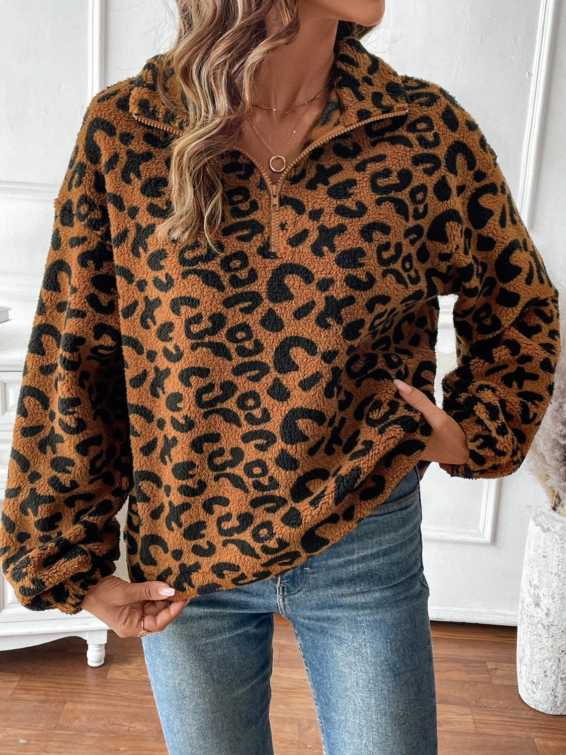 Leopard Half Zip Long Sleeve Sweatshirt-TOPS / DRESSES-[Adult]-[Female]-2022 Online Blue Zone Planet