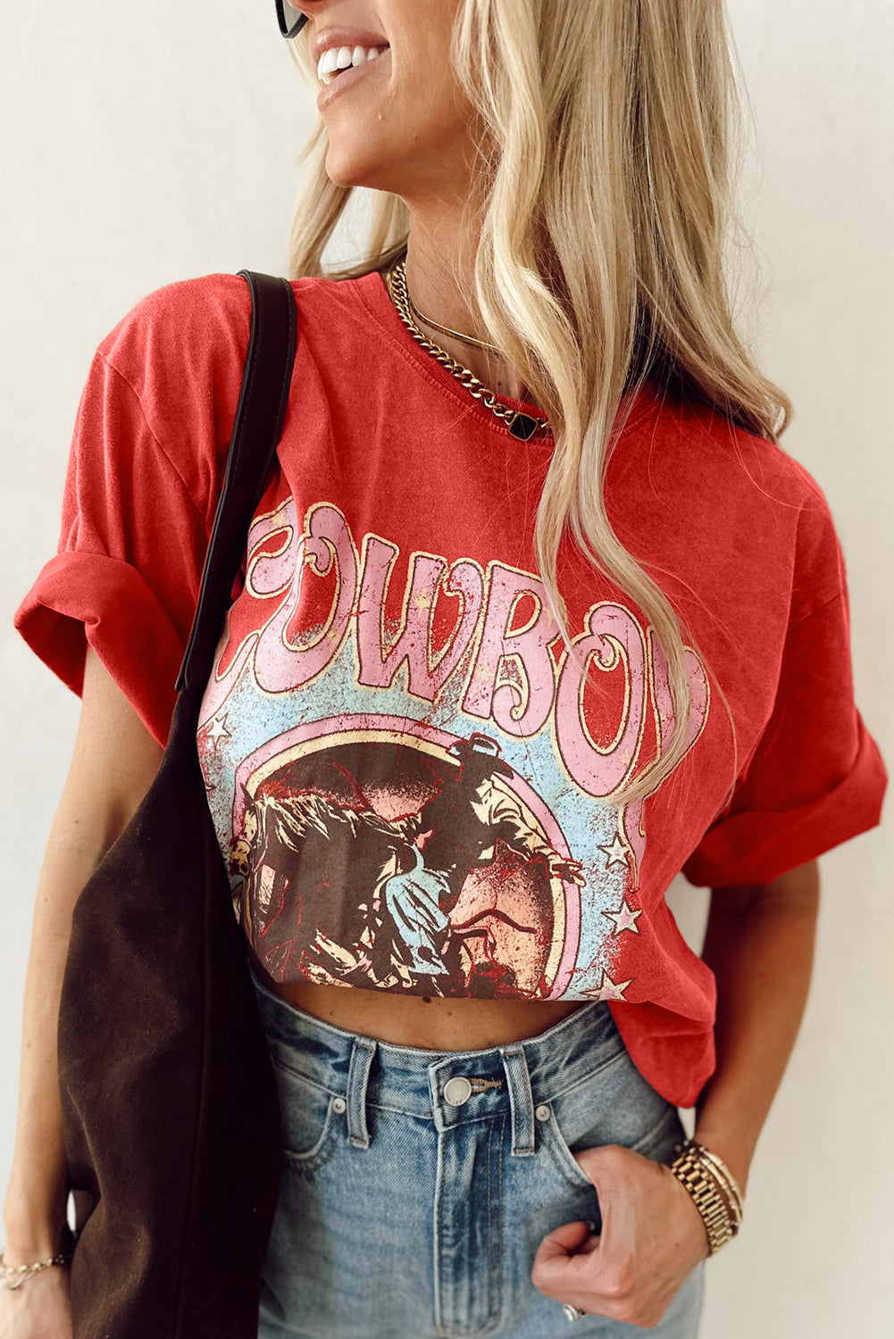 Tomato Red COWBOY Take Me Away Graphic Western Loose Tee Blue