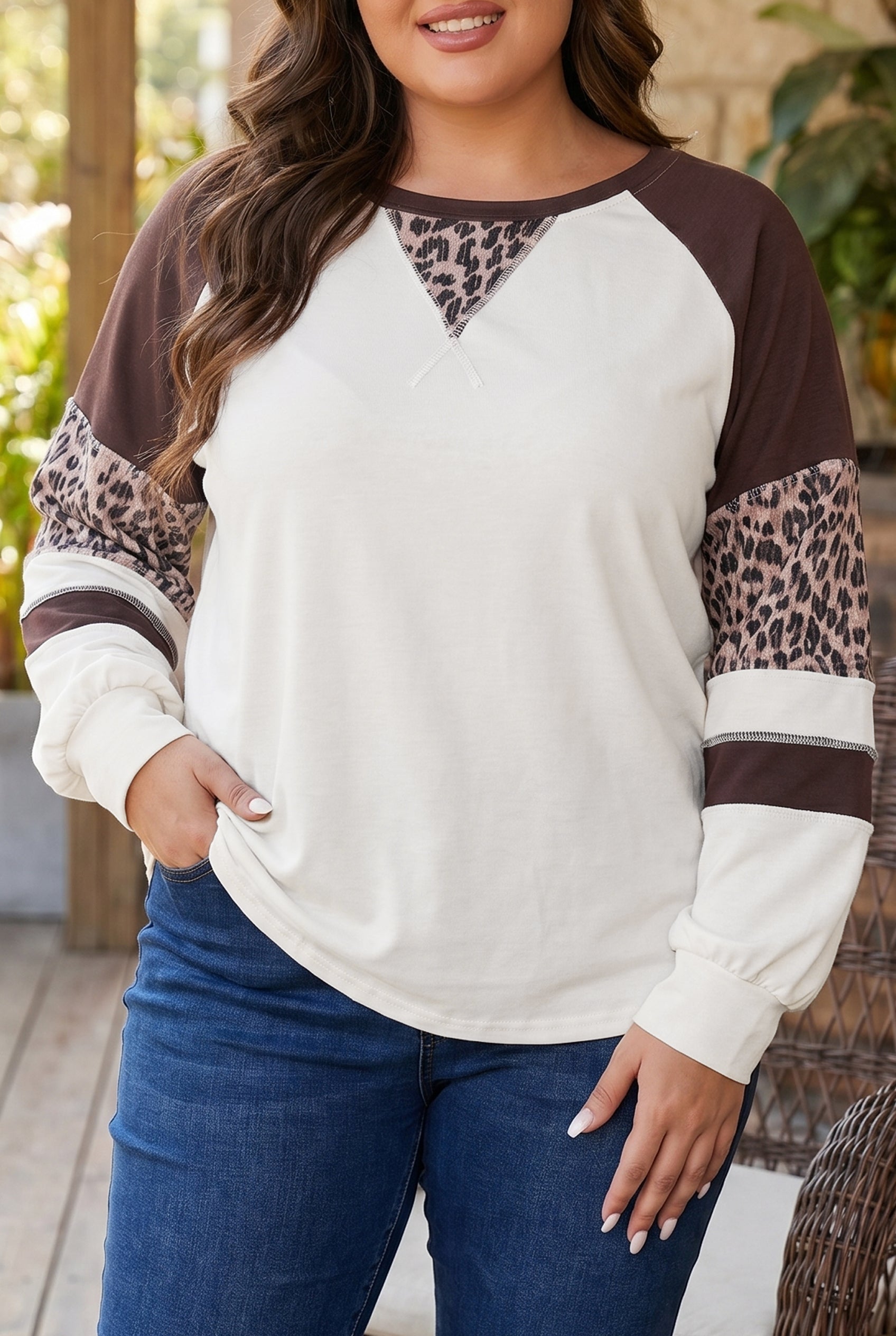 Beige Leopard Print Colorblock Round Neck Long Sleeve Plus Size Blouse-Plus Size/Plus Size Tops/Plus Size Long Sleeve Tops-[Adult]-[Female]-Beige-1X-2022 Online Blue Zone Planet