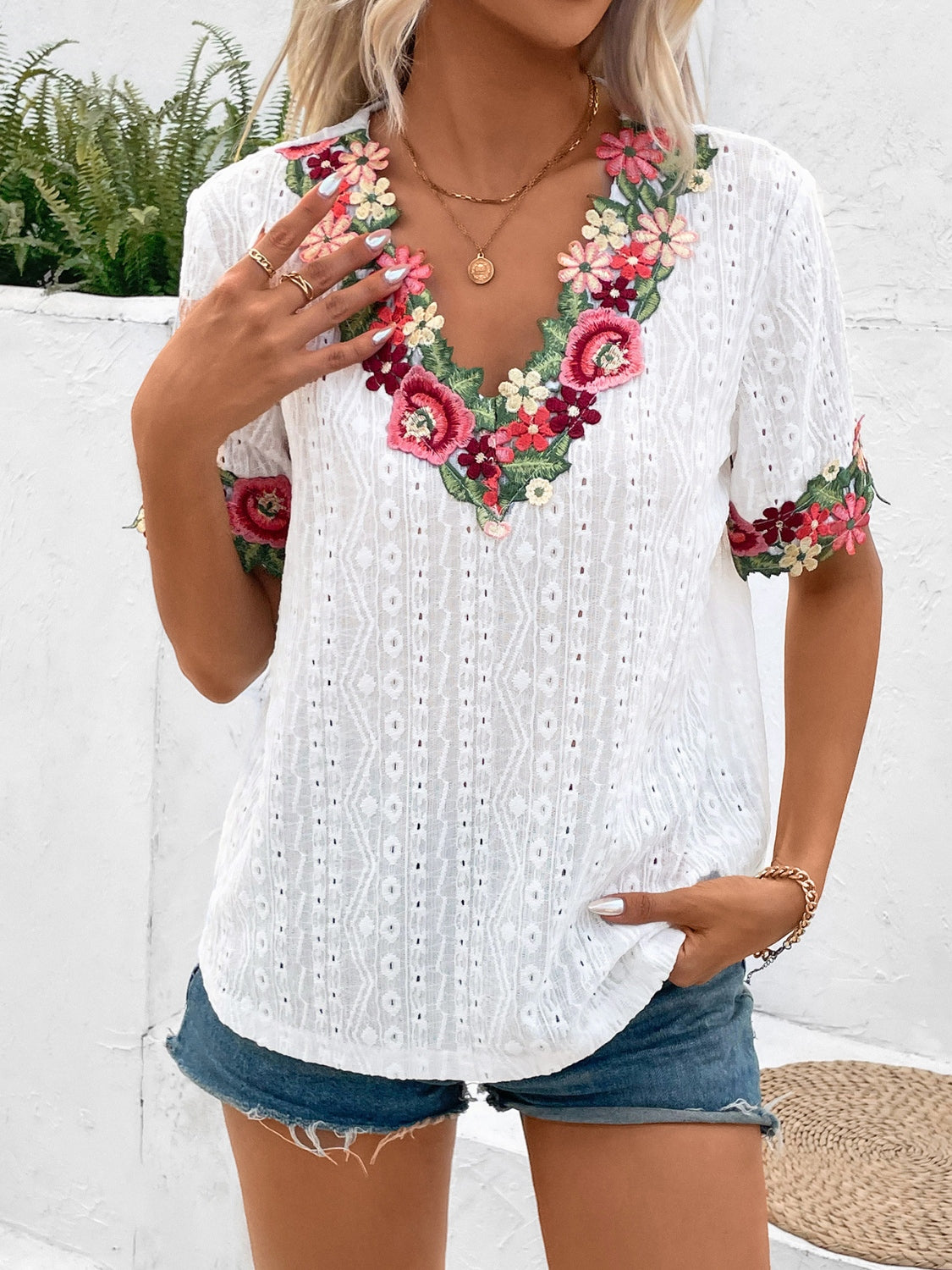 Blue Zone Planet | Ivy Lane Eyelet Embroidered V-Neck Short Sleeve Blouse-TOPS / DRESSES-[Adult]-[Female]-White-S-2022 Online Blue Zone Planet