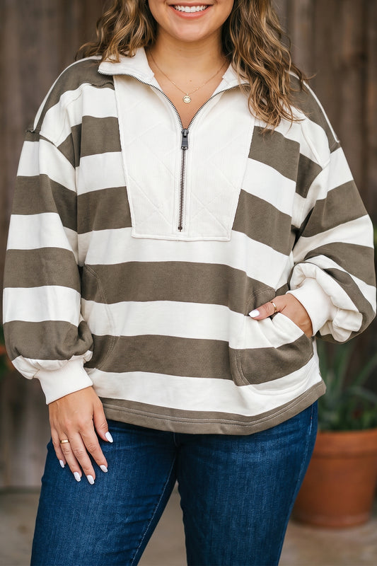 Green Stripe Plus Size Half Zipped Casual Sweatshirt-Plus Size/Plus Size Sweatshirts & Hoodies-[Adult]-[Female]-Green Stripe-1X-2022 Online Blue Zone Planet