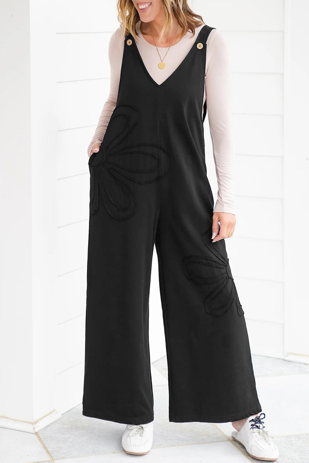 Black Solid Color Raw Seam Big Flower Patched Loose Overall Jumpsuit Black / S / 80%Polyester+15%Cotton+5%Elastane by Blue Zone Planet