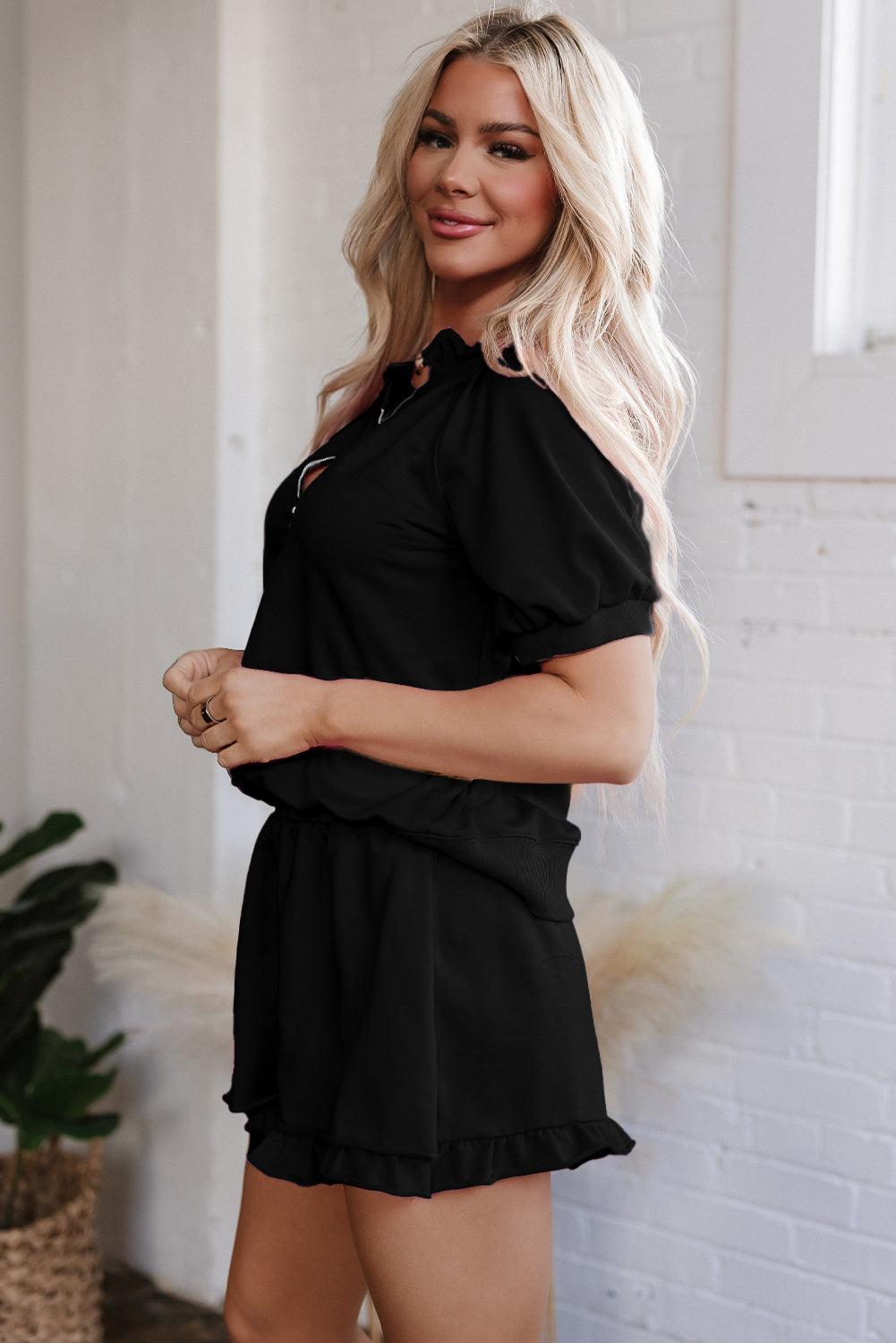 Black Half Zip Puff Sleeve Top and Ruffled Shorts Set-Two Piece Sets/Short Sets-[Adult]-[Female]-2022 Online Blue Zone Planet