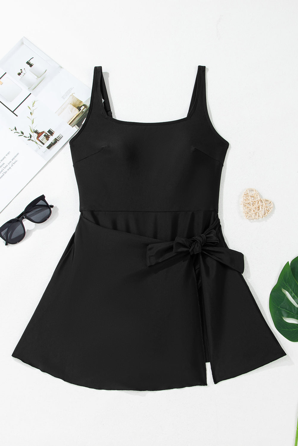 Black Side Tied Waist Square Neck Adjustable Straps A-line One Piece Swim Dress-TOPS / DRESSES-[Adult]-[Female]-2022 Online Blue Zone Planet