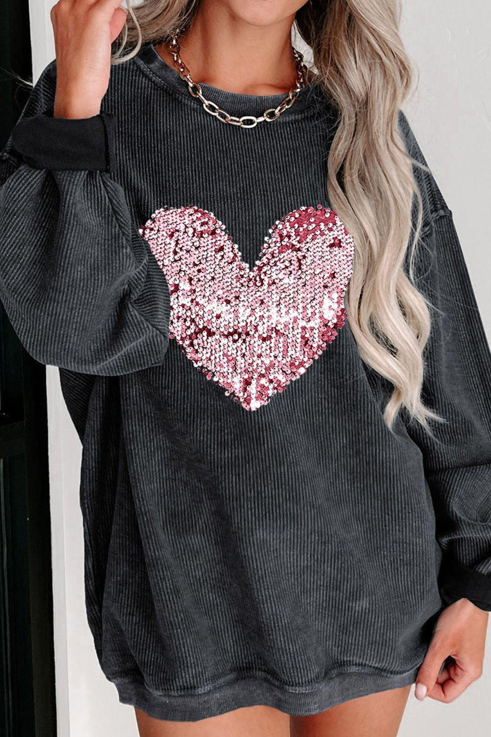 Valentine’s Day Sequin Heart Round Neck Long Sleeve Sweatshirt-TOPS / DRESSES-[Adult]-[Female]-2022 Online Blue Zone Planet