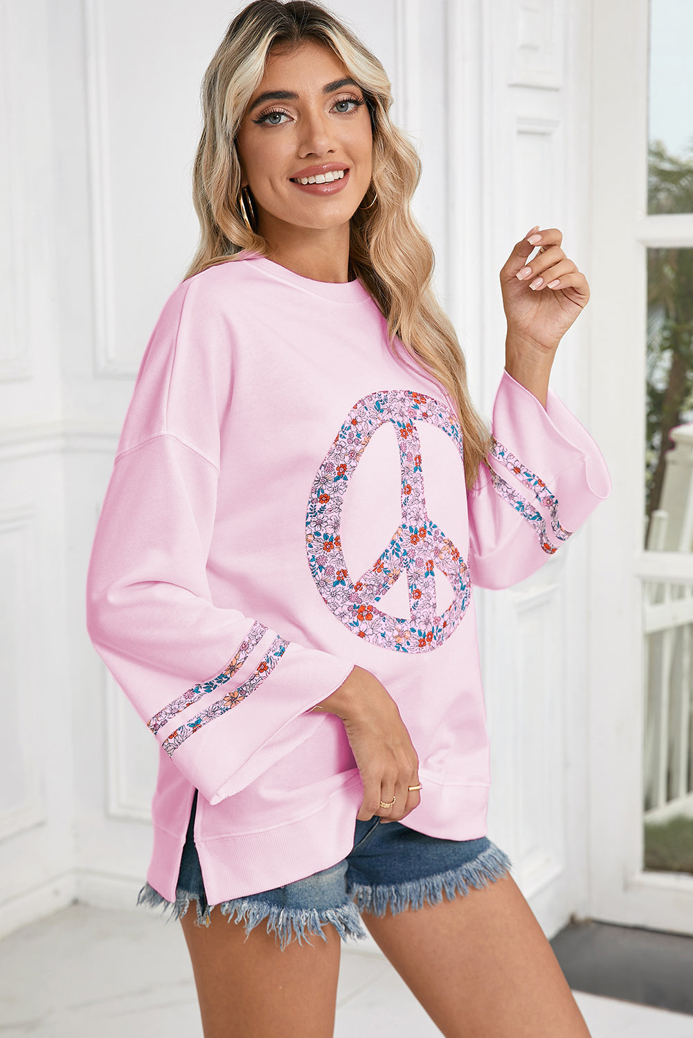 Light Pink Floral Peace Sign Drop Shoulder Top-Long Sleeve Tops-[Adult]-[Female]-2022 Online Blue Zone Planet