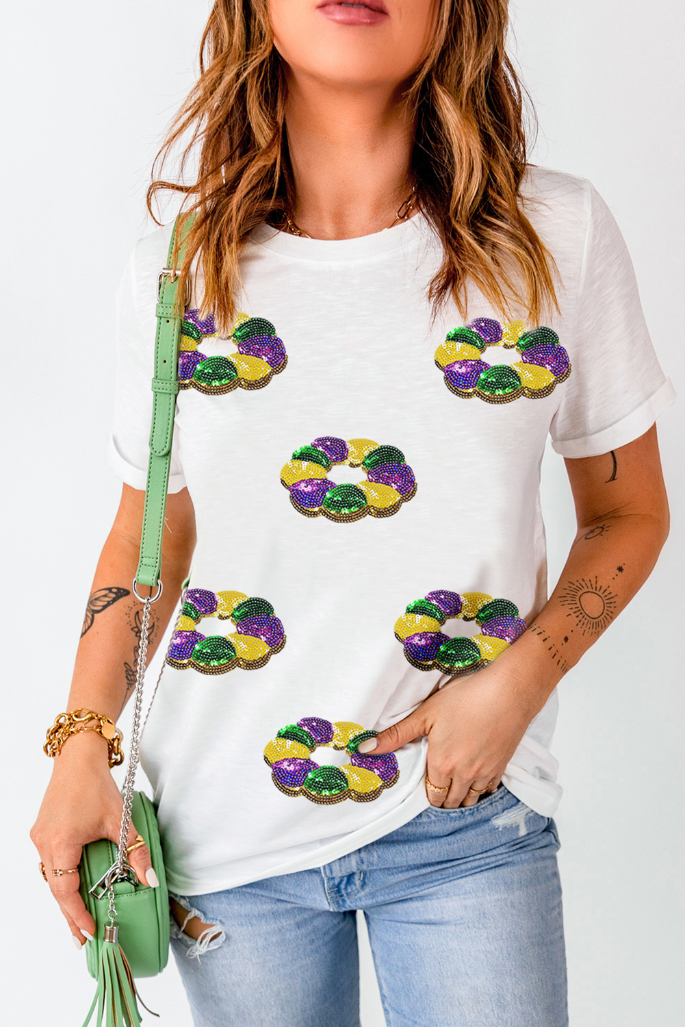 Black Sequined Mardi Gras Pattern Crew Neck Short Sleeve Top-Graphic/Graphic Tees-[Adult]-[Female]-2022 Online Blue Zone Planet