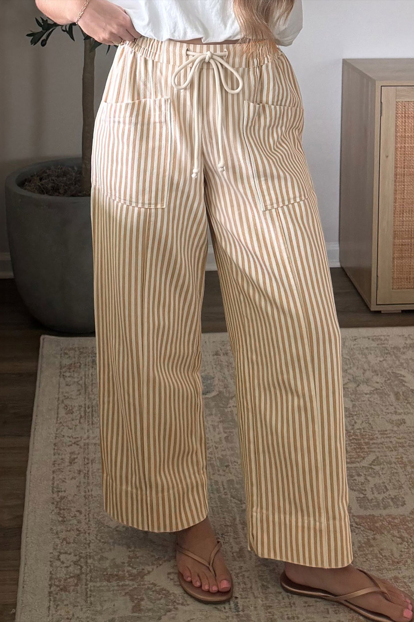 Apricot Stripe Ribbon Drawstring Waist Full-Length Shift Pant-Bottoms/Pants & Culotte-[Adult]-[Female]-Apricot Stripe-S-2022 Online Blue Zone Planet