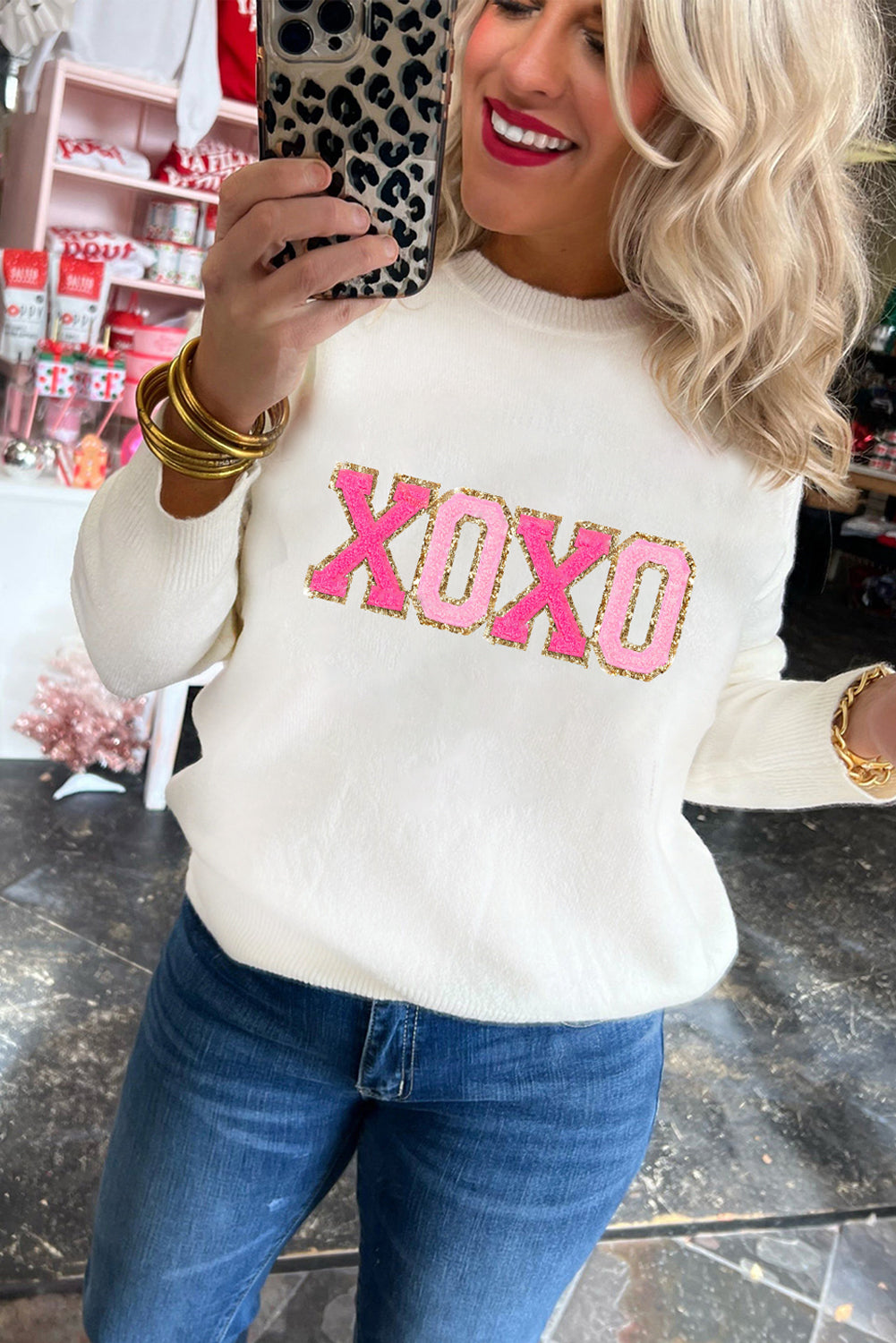 White Glitter Merry & Bright Round Neck Knit Sweater-Sweaters-[Adult]-[Female]-2022 Online Blue Zone Planet